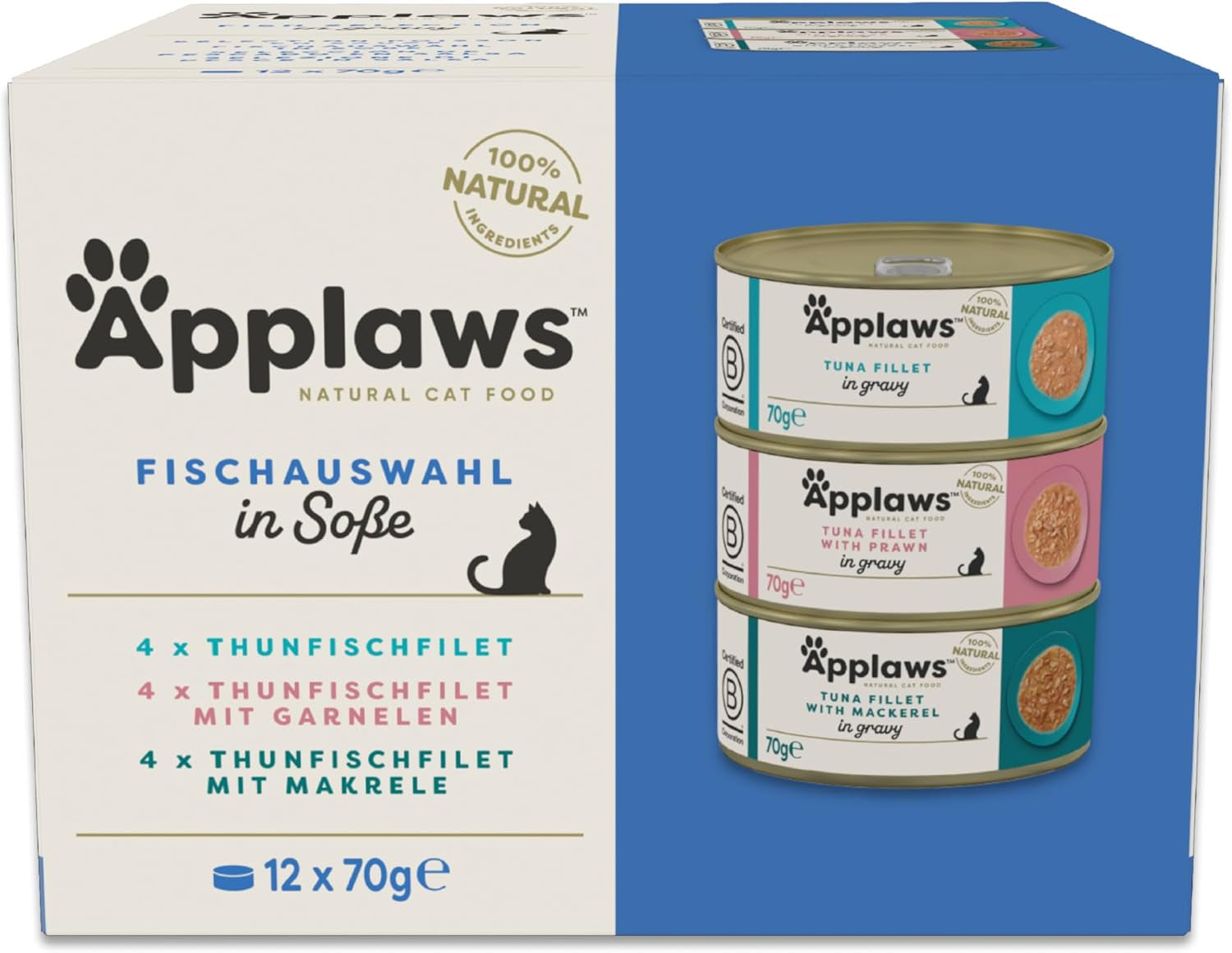 Applaws 100 % naturlig våd voksen kattefoder Assorteret fisk i sauce Multipakke 12 æsker x 70 g