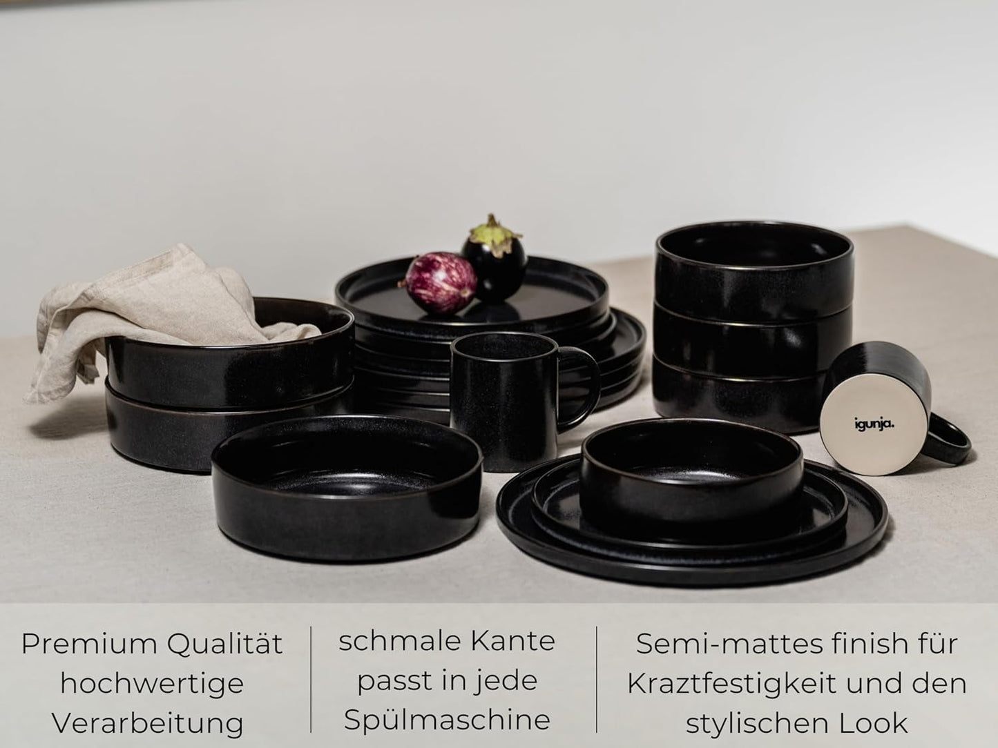 Sort stentøjsskål og tallerkensæt [12 stykker til 4 personer] 100 % håndlavet sort servisesæt med reaktiv glasur af høj kvalitet