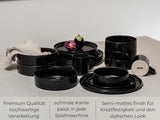 Sort stentøjsskål og tallerkensæt [12 stykker til 4 personer] 100 % håndlavet sort servisesæt med reaktiv glasur af høj kvalitet