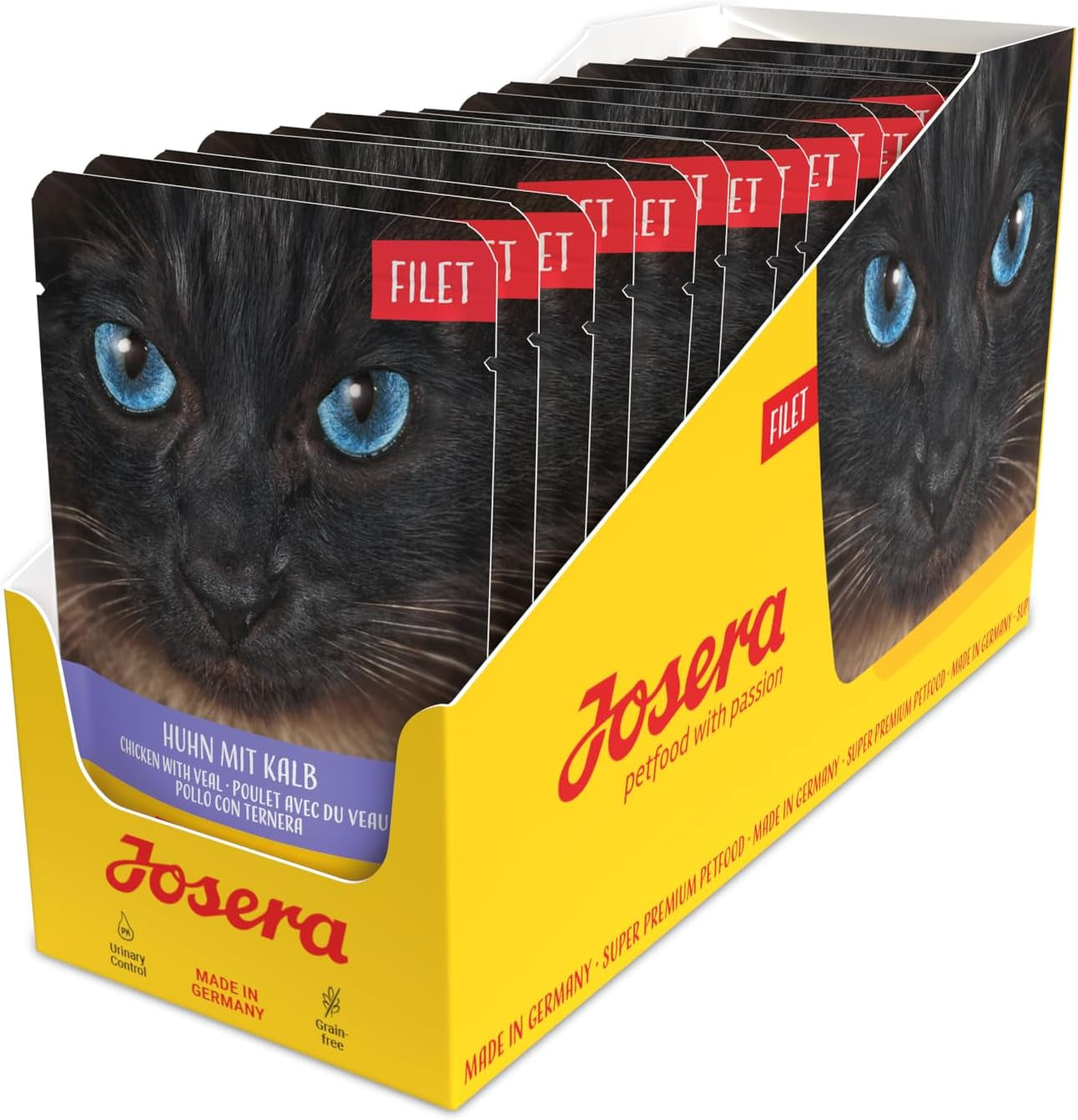 JOSERA Kyllinge- og kalvefilet (16 x 70 g) | Voksen | Premium vådfoder til voksne katte | Kylling og kalvekød med 40% kyllingefilet | Ingen korn | Våd kattefoder i friskhedspose | Pakke med 16