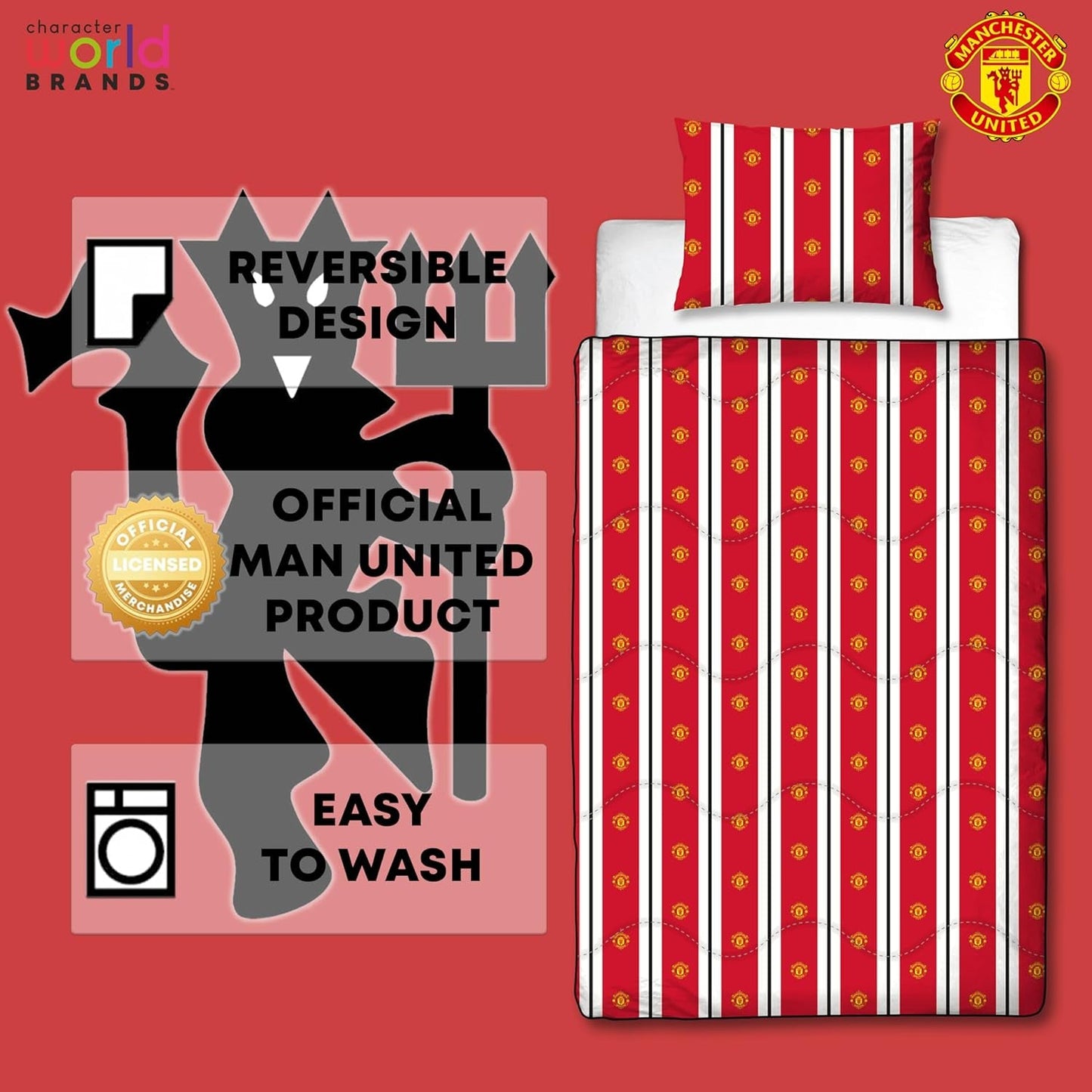 Manchester United FC officiel enkeltdyne, vendbar, rød og hvid, betrækløs, fodbolddyne, pudebetræk, vaskbar, perfekt til rejser, overnatninger, 10,5 Tog dyner og dyner Naty Shop