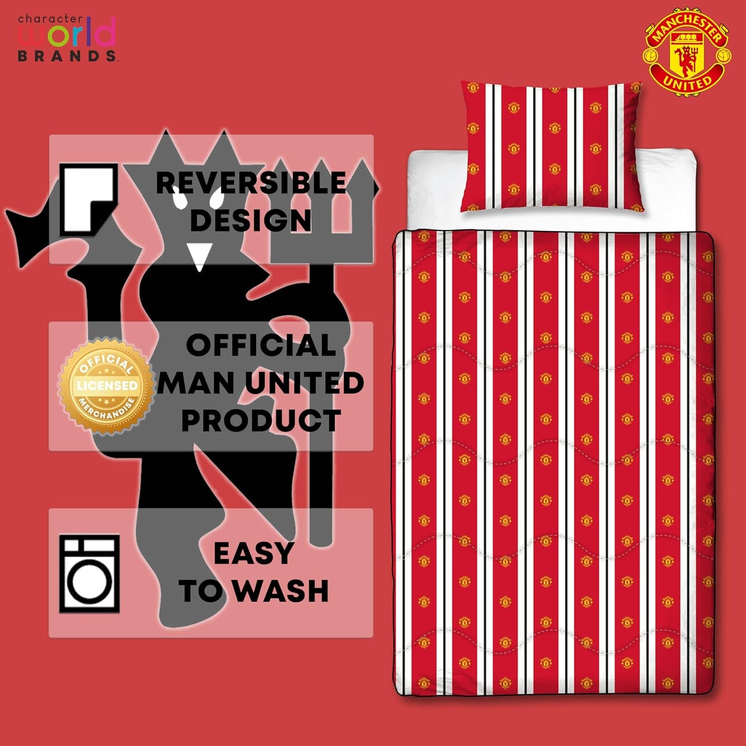 Manchester United FC officiel enkeltdyne, vendbar, rød og hvid, betrækløs, fodbolddyne, pudebetræk, vaskbar, perfekt til rejser, overnatninger, 10,5 Tog dyner og dyner Naty Shop