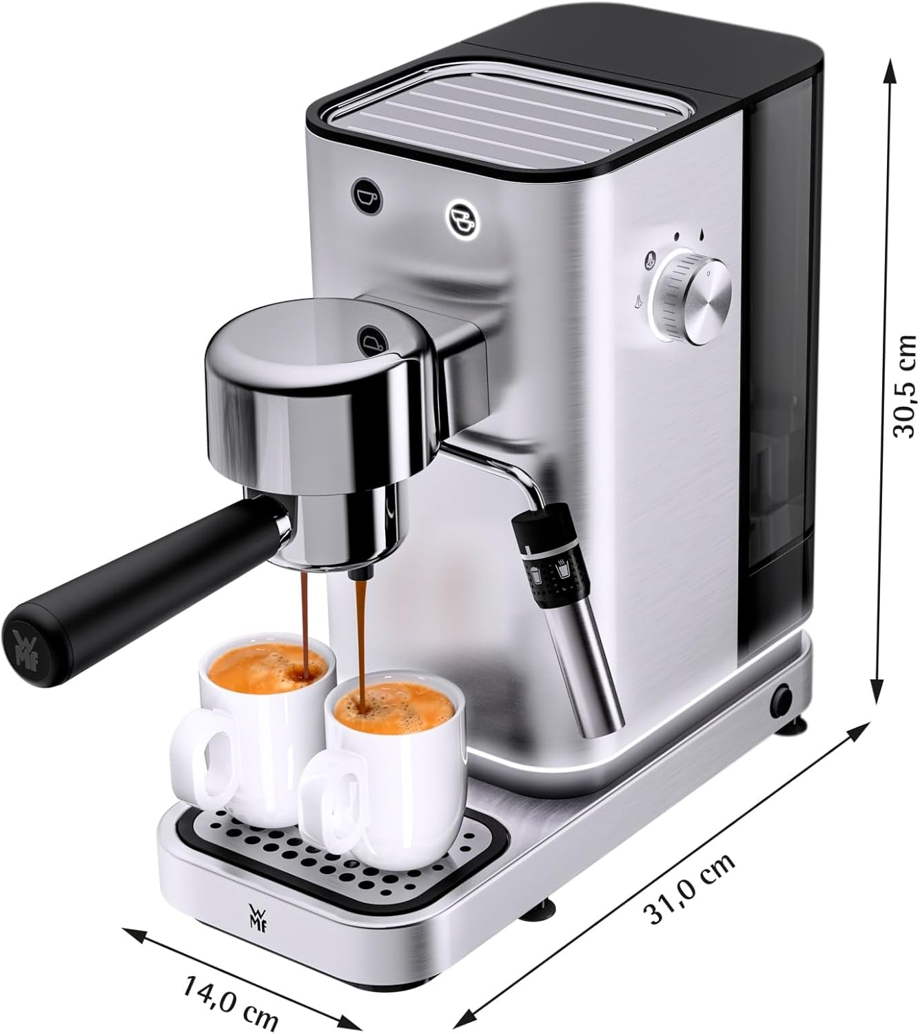 WMF Lumero espressomaskine, portafilter, 1400 watt, portafilter, 3 indsatser, til 1-2 espressokopper, inklusive til kapsler, 15 bar, kopholder, mælkeskummer, mat rustfrit stål