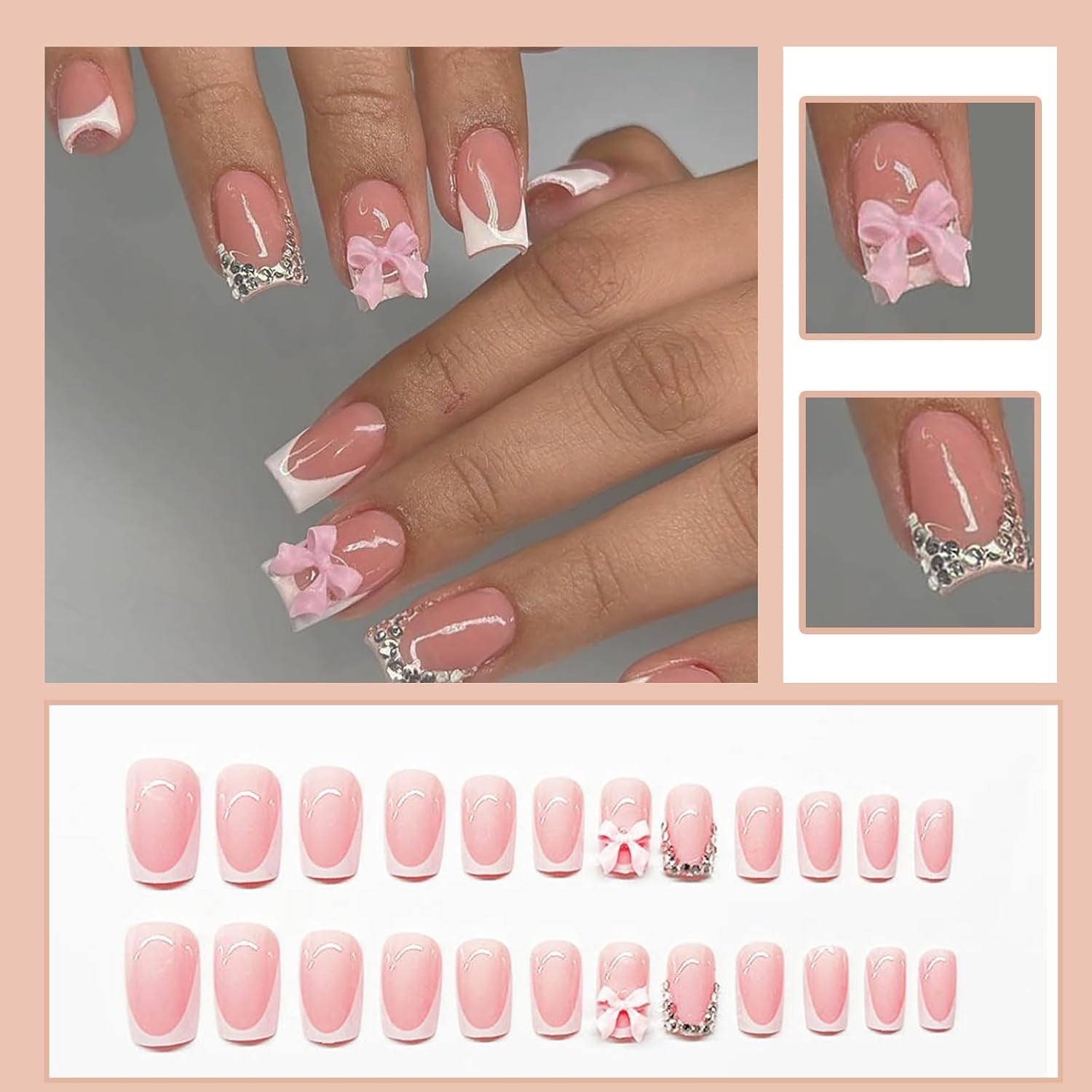 24 stk Pink Diamond Sløjfe French Manicure Tabletter Firkantede Negle Rhinestone Mønster Nude Pink kunstige negle Fulddækning lim Manicure