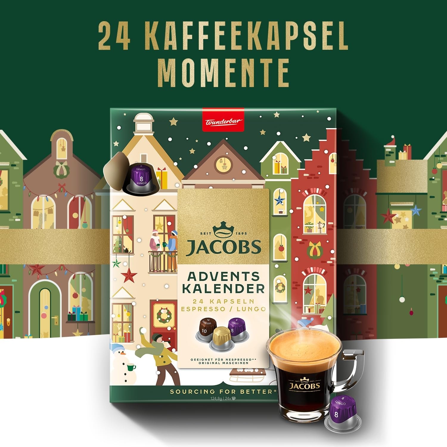 Jacobs Kapsel Adventskalender, 24 Espresso/Lungo Kapseln, Nespresso* kompatibel Kaffee Kapseln, 24 Kapseln