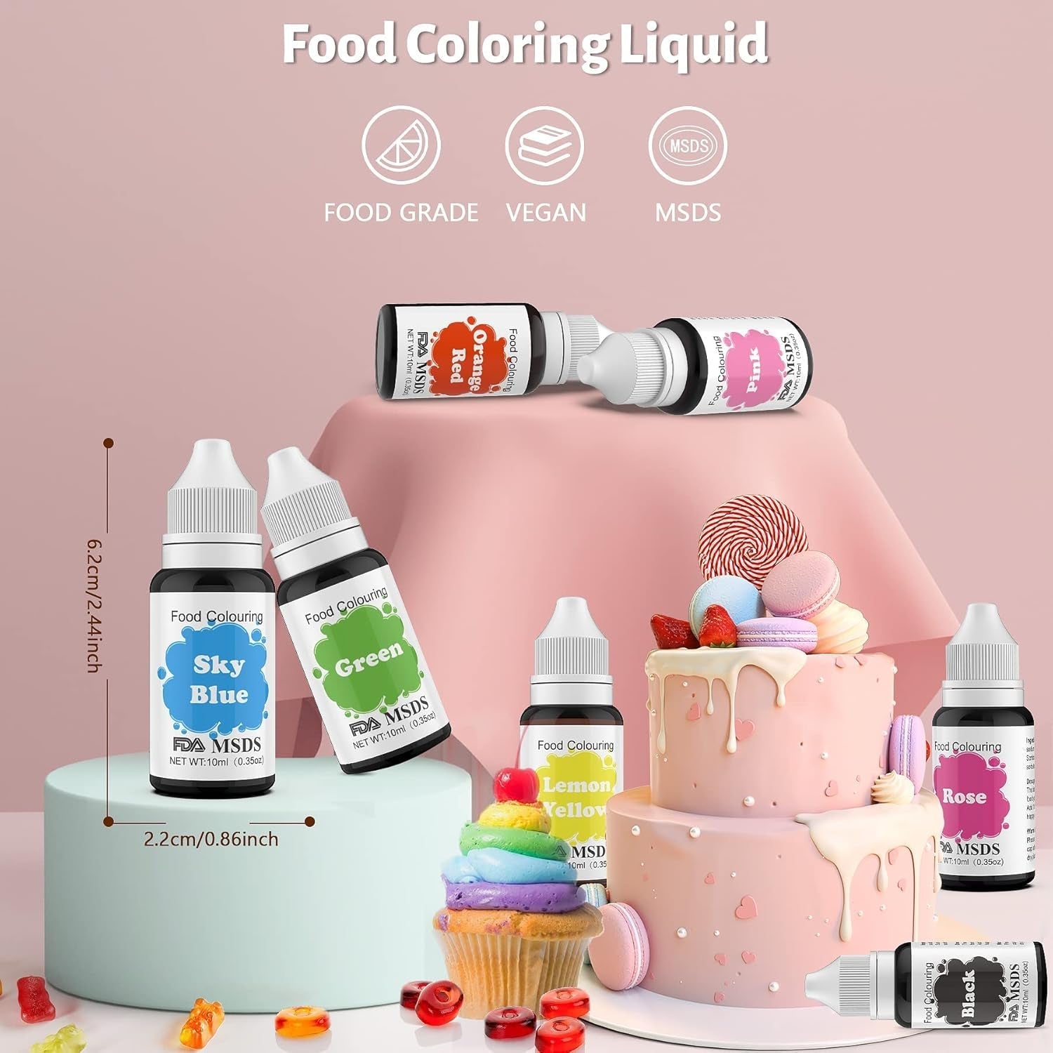 Madfarve 9 x 10 ml, flydende madfarve - madfarvesæt til dekoration af kager, macarons, donuts, fudge, glasur, DIY-sæber, is, sæbefarve, sprøjtepistolfarve