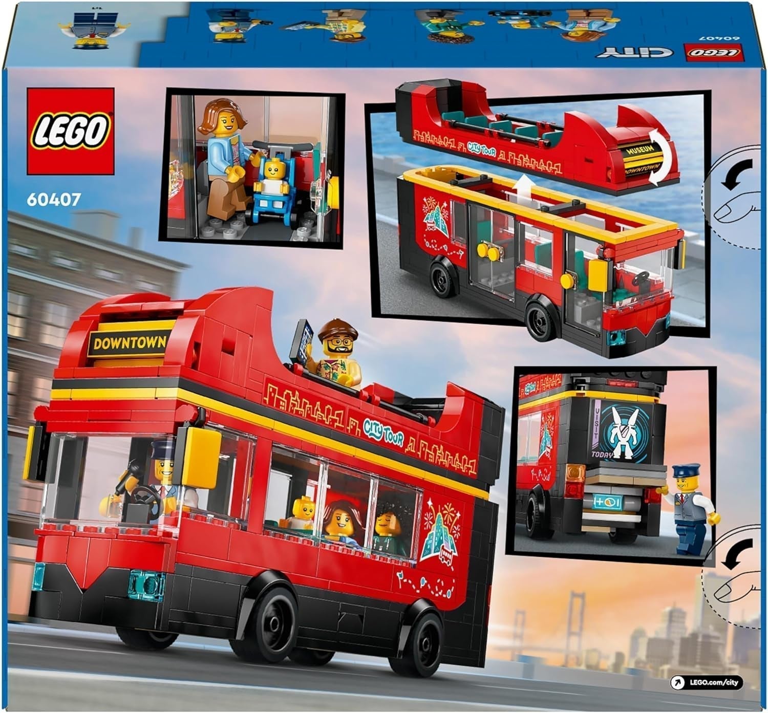 LEGO City dobbeltdækkerbus, dobbeltdækker legetøjsbus, køretøjssæt til piger og drenge fra 7 år, indeholder 5 figurer, inklusive en baby i barnevogn 60407 Byggesæt Besuche den LEGO-Store