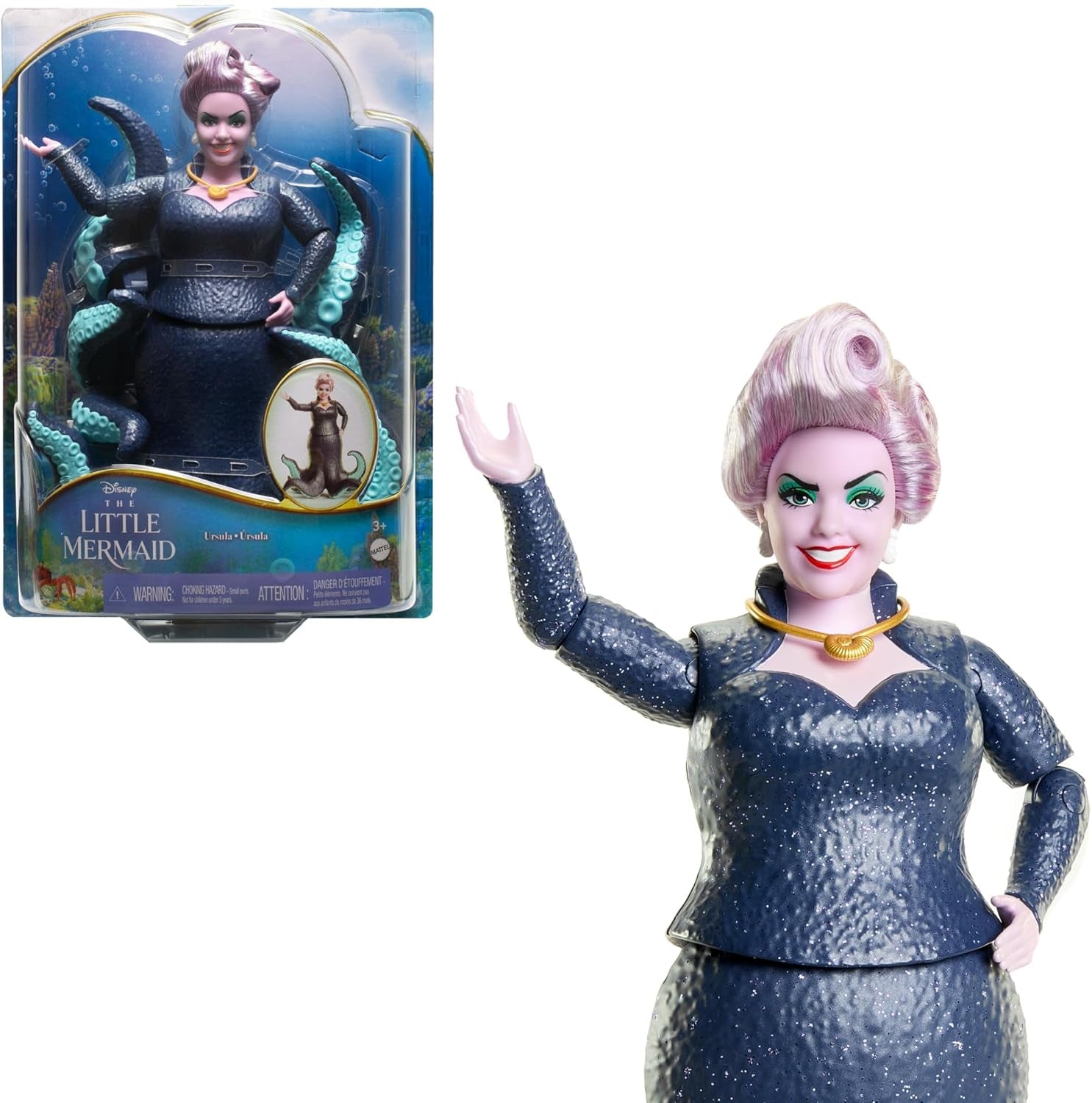 Mattel DISNEY Ariel Den Lille Havfrue - Ursula med tentakler, aftagelig halskæde og lavendelbolle for endeløs stylingsjov, velegnet til børn fra 3 år og opefter, HLX12