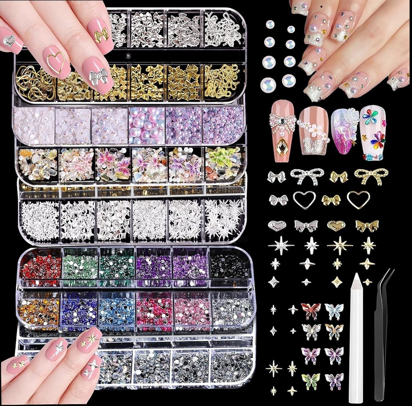 Nail Charms,6 Boxen Gold Silber Nagel Charms 3D Gold Bogen Stern Nail Art Dekoration+6200 Strasssteine ​​Bunt Steine ​​​​AB Perlen Diamanten,3D Legierung Bow Nail Gems Nagel Deko Für Frauen Nagel (6-A)