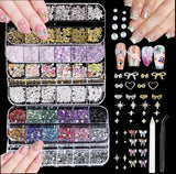 Nail Charms,6 Boxen Gold Silber Nagel Charms 3D Gold Bogen Stern Nail Art Dekoration+6200 Strasssteine ​​Bunt Steine ​​​​AB Perlen Diamanten,3D Legierung Bow Nail Gems Nagel Deko Für Frauen Nagel (6-A)