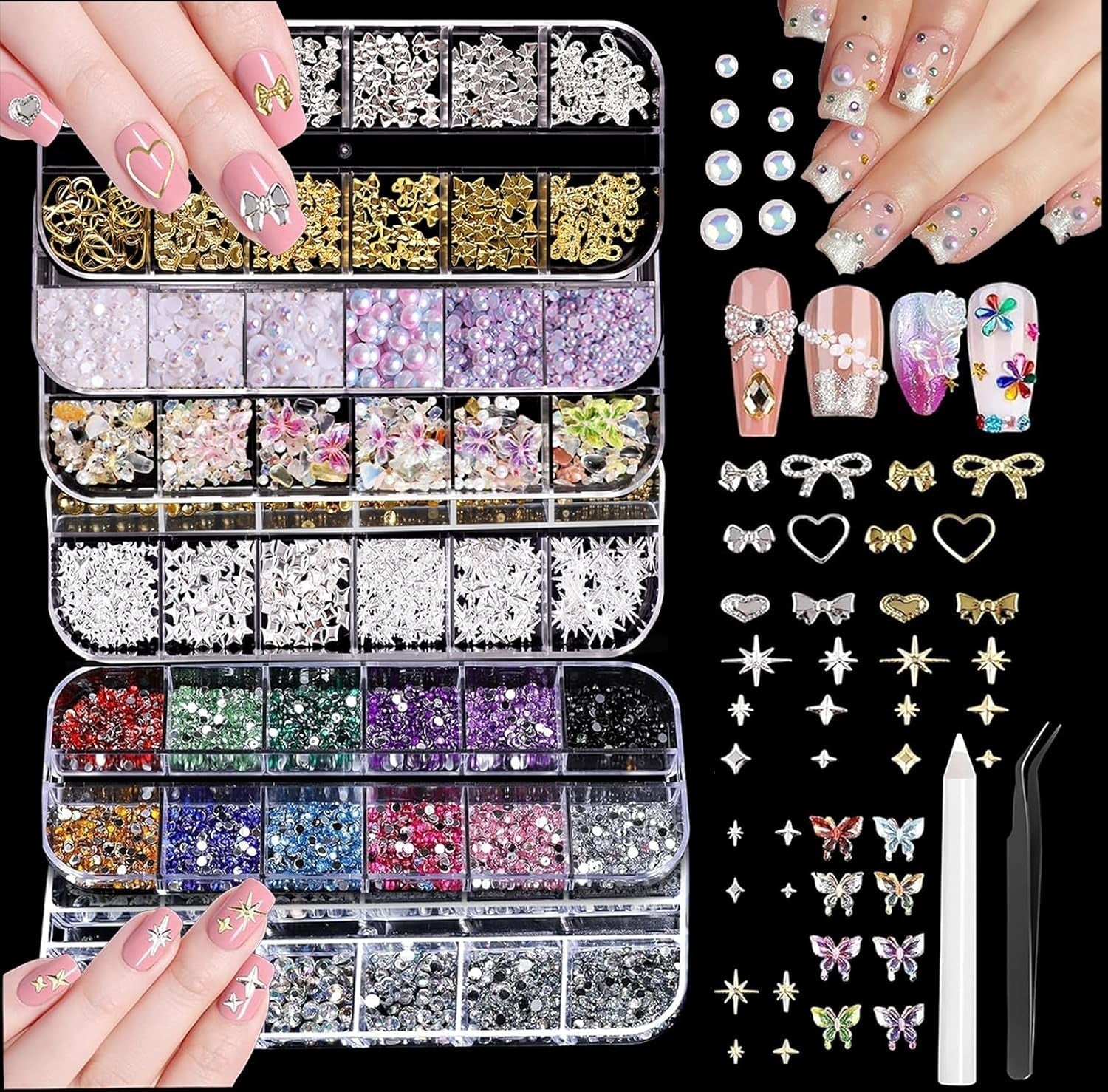 Nail Charms,6 Boxen Gold Silber Nagel Charms 3D Gold Bogen Stern Nail Art Dekoration+6200 Strasssteine ​​Bunt Steine ​​​​AB Perlen Diamanten,3D Legierung Bow Nail Gems Nagel Deko Für Frauen Nagel (6-A)