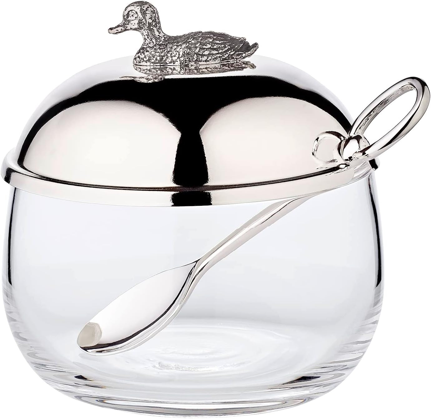 EDZARD andesyltetøjsglas (Ø 10 cm) lavet af sølv og glas - Æske og ske - Skål, sukkerbeholder, ost - Syltetøjsglas med låg, opbevaring med låg, gaveæske med lås
