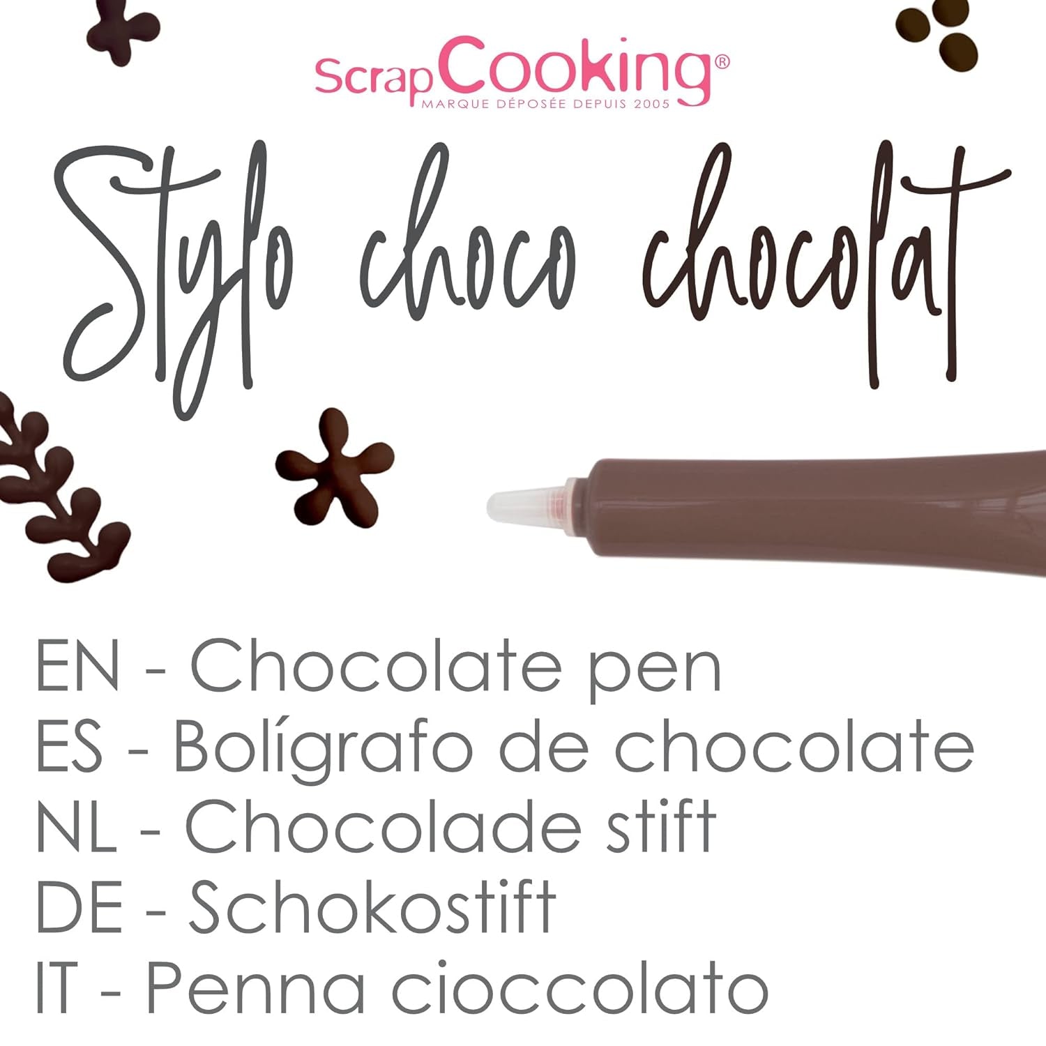 Scrapcooking - Brun chokoladepen - Chokoladeskrivesukker 25 g - Spiselig dekorativ sukkerpen - Skrivning og tegning - Mærkning af fondant, glasur, kager - 6801