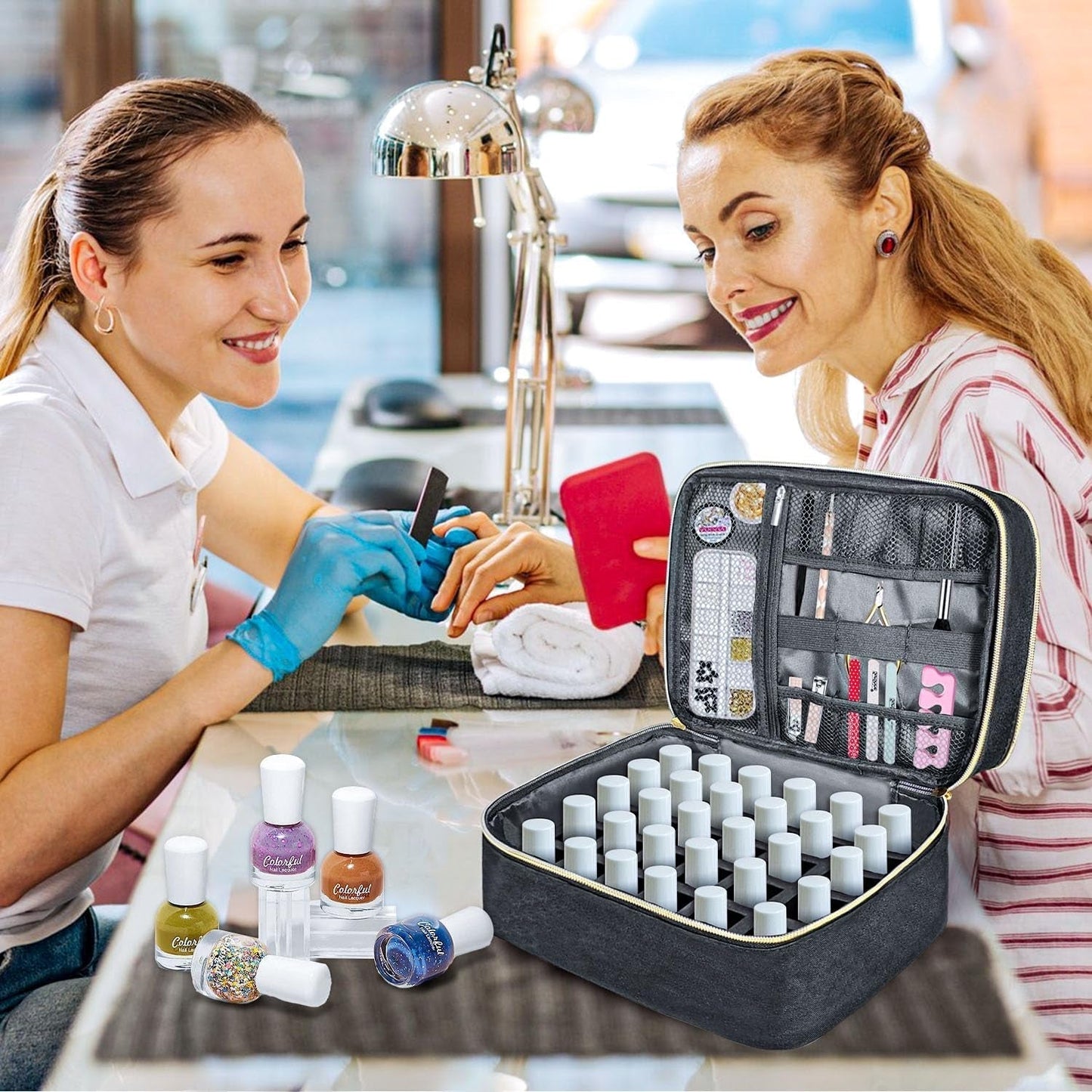 Nail Lacquer Organizer Tasche, Doppelschicht Nail Lacquer Opbevaringsboks, Organizer Koffer Für Nageldesign Kosmetiktasche Für 30 Flaschen Neonail Base(15Ml-0.5 Fl.Oz) & 1 Neglelampe(Schwarz)