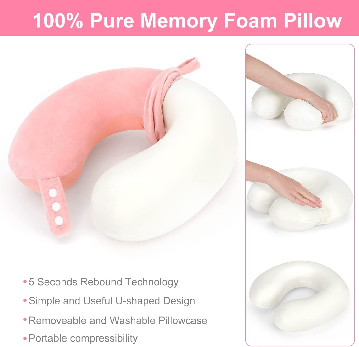 TALLGO rejsenakkepude, Bedste Memory Foam-flyvepude til nakkestøtte, Blød justerbar pude til fly, bil og hjem, Pink cervikale ortopædiske puder Naty Shop