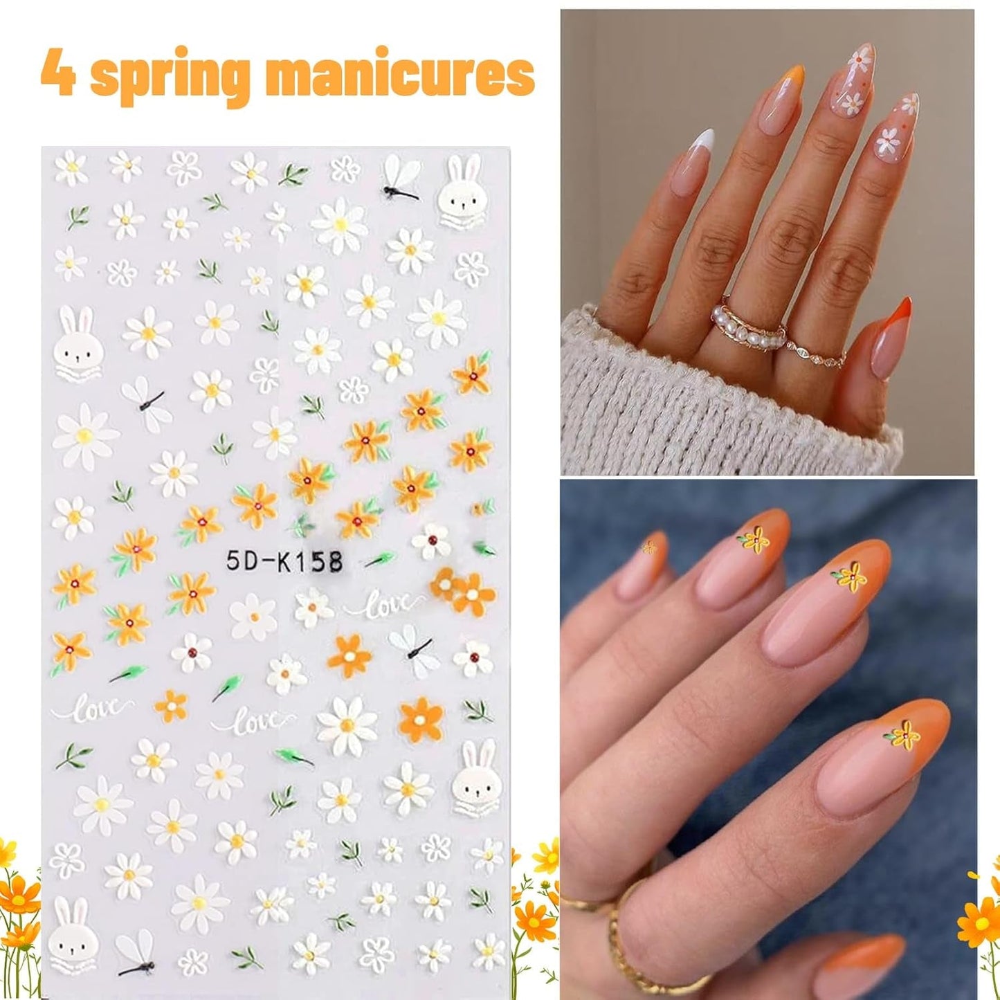 Nagelsticker Sæt Für Einzigartiges Nageldesign, 4 Blatt Frühlingsthemen Nail Art Tilbehør, Perfekt Für 3D Gel Nägel Og UV Gel Strips
