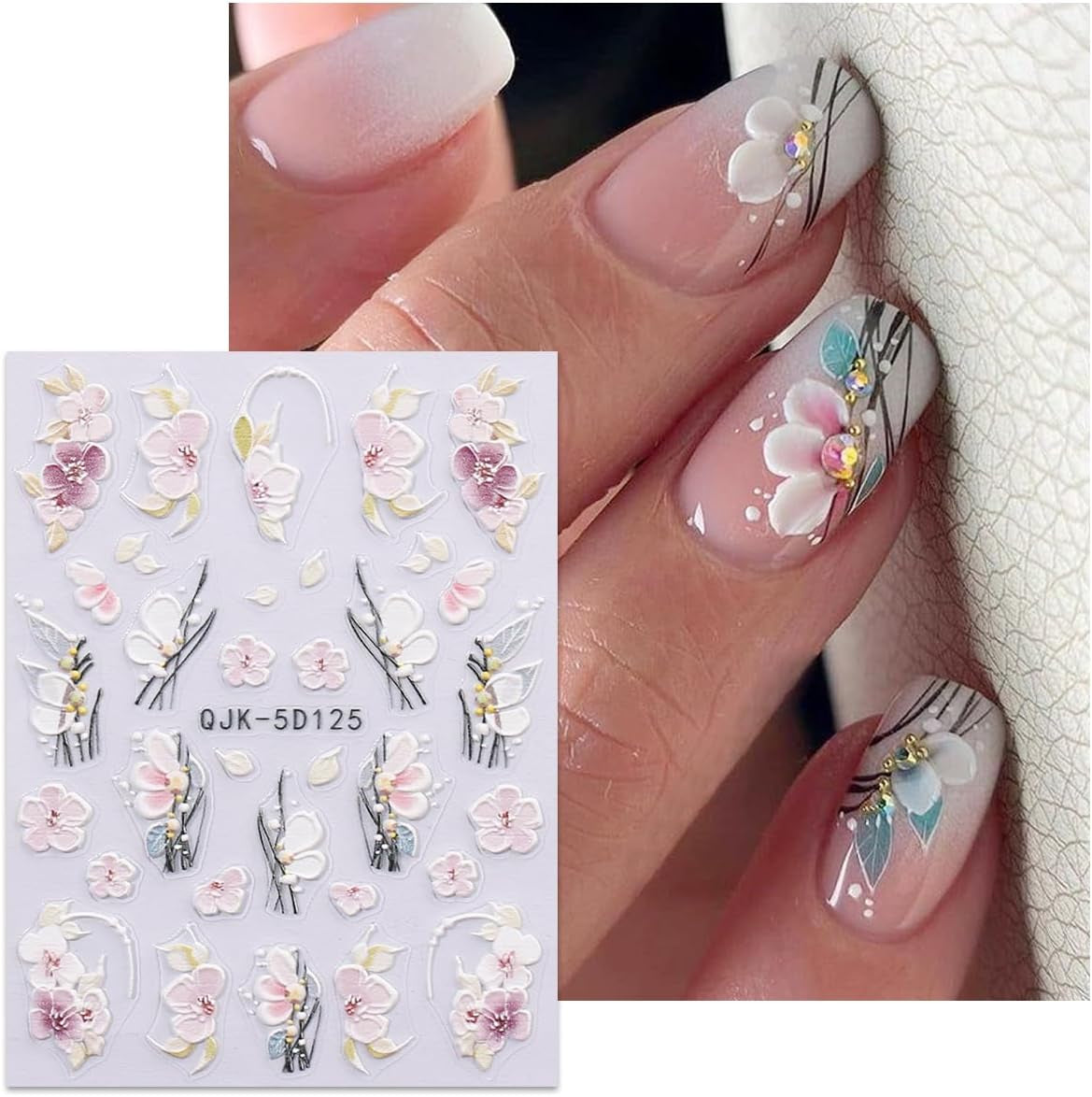 JMEOWIO 3D Nagelsticker Blumen Nail Art Sticker Selbstklebend Nagelaufkleber 5D Stereoskopisk Frühling Sommer Dekoration Nageldesign Zubehör 4 Blatt