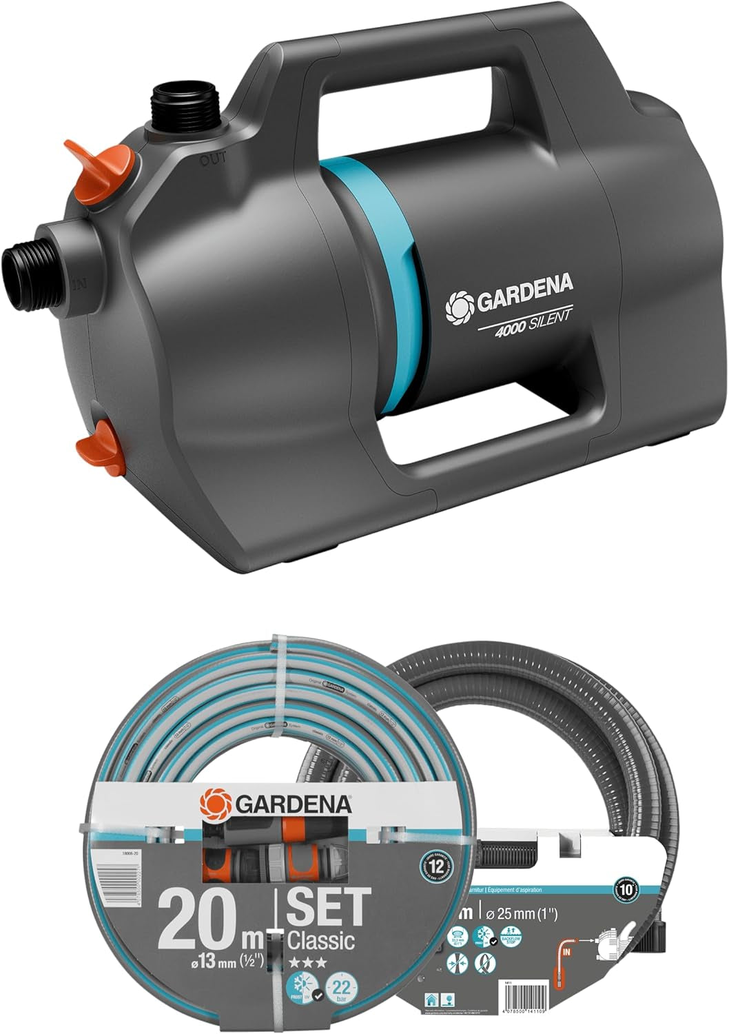 Gardena 4100 Silent Havepumpesæt: Meget stille og innovativ kunstvandingspumpe med 3,5 m sugeforbindelse og 20 m klassisk slange, 4100L/h flow, 550W motor, vandtæt, økonomisk (9051-20)