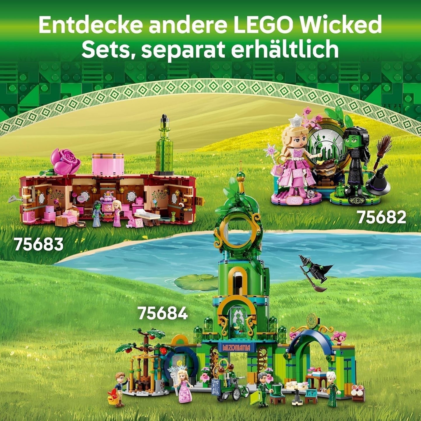 LEGO Wicked Velkommen til Emerald City tårnlegetøj, Glinda og Elphaba minidukker, gave til filmfans og piger og drenge fra 9 år, der elsker dukkehuse 75684 Byggesæt Besuche den LEGO-Store