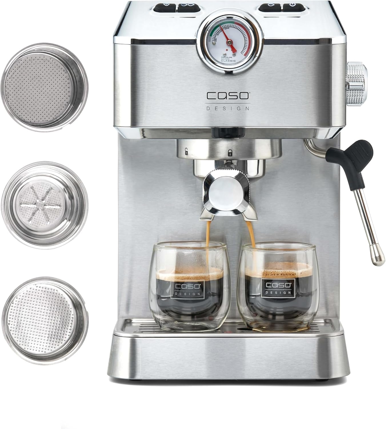 Caso Espresso Gourmet - Portafilter espressomaskine i rustfrit stål, kraftfuld 19 bar Ulka-pumpe, med mælkeskummer, til malet kaffe eller ESE-kaffekapsler, til 2 kopper, med kopvarmer