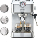 Caso Espresso Gourmet - Portafilter espressomaskine i rustfrit stål, kraftfuld 19 bar Ulka-pumpe, med mælkeskummer, til malet kaffe eller ESE-kaffekapsler, til 2 kopper, med kopvarmer