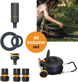 Fiskars Comfort L vandhjul med hjul, alt inklusiv vandingssæt, total rækkevidde på 31,5 m, automatisk optræk, universal haveslange (Ø 13 mm), universal hanetilslutning, 1071670