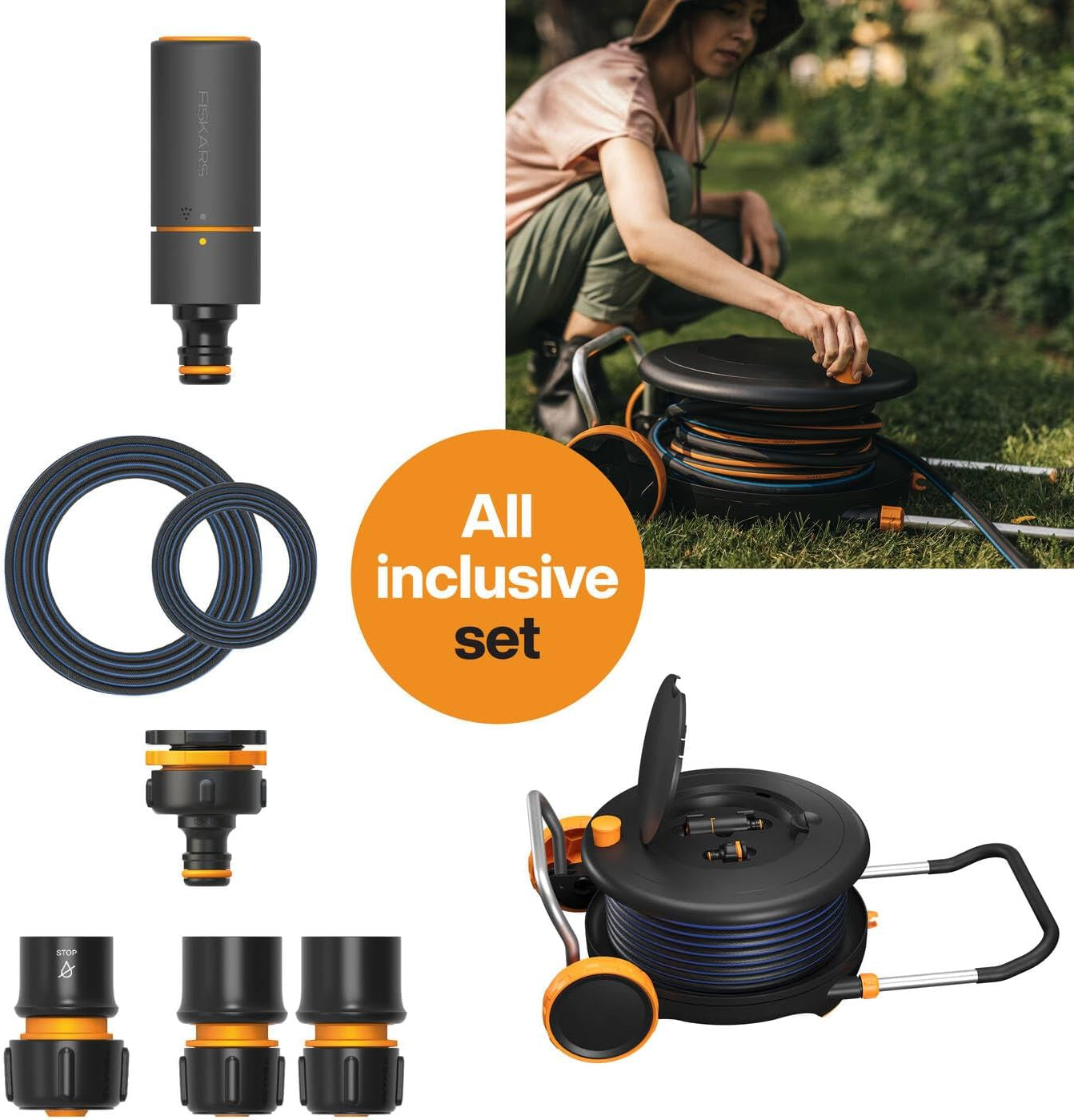Fiskars Comfort L vandhjul med hjul, alt inklusiv vandingssæt, total rækkevidde på 31,5 m, automatisk optræk, universal haveslange (Ø 13 mm), universal hanetilslutning, 1071670