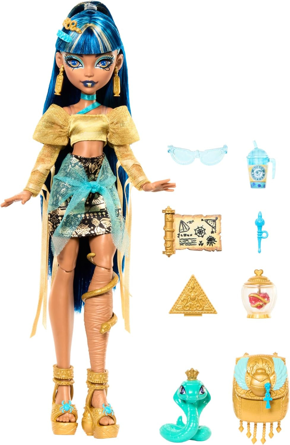 Monster High Cleo De Nile dukke i guldbluse og lagdelt nederdel, inkluderer Hissette cobra og tilbehør såsom en skoletaske, en snack og en rulle toiletpapir, HXH74
