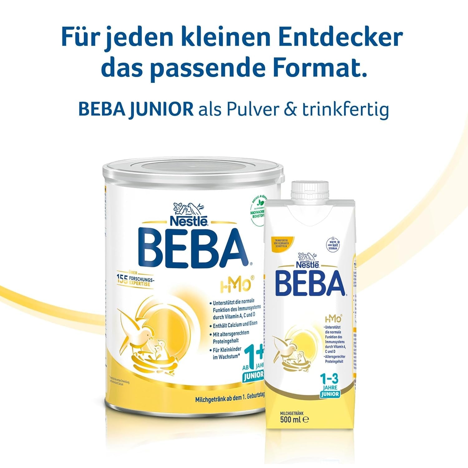 BEBA Junior drikkeklar mælkedrik 1-3 år, med HMO, aldersegnet proteinindhold, palmeoliefri, fiskeoliefri, småbørnsmad, pakke med 12 (12 x 500 ml)