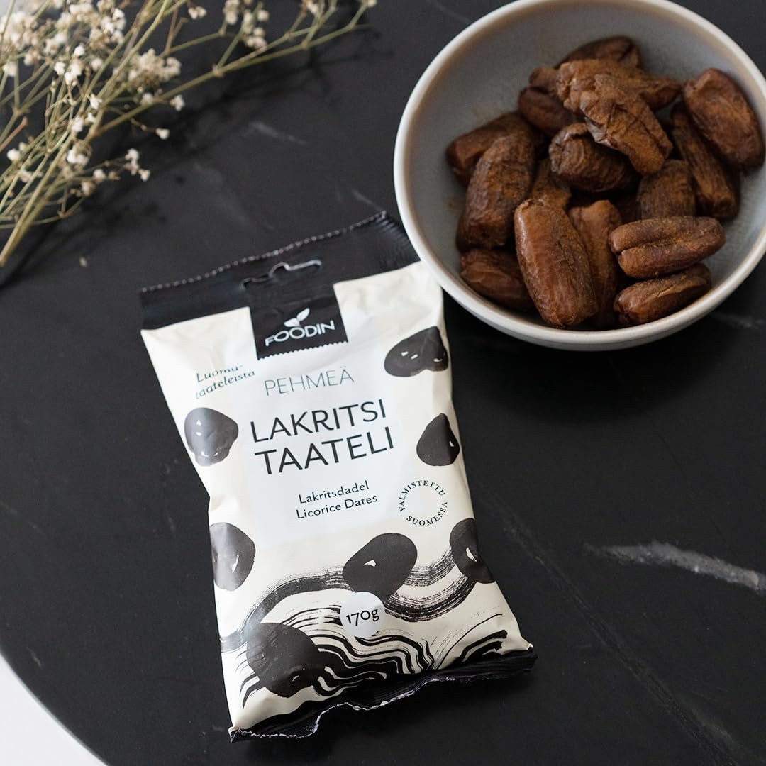 Foodin data Veganske, glutenfri, bløde, søde og sunde godbidder Tørret frugt med lakridspulver til snacks, bagning og mere - Made in Vaajakoski (3x170g) Dehydrerede produkter Naty Shop