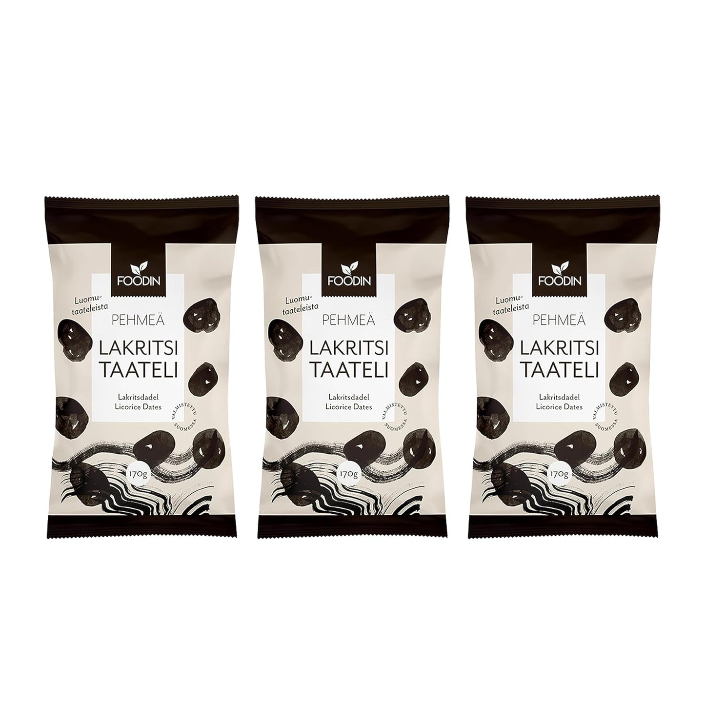Foodin data Veganske, glutenfri, bløde, søde og sunde godbidder Tørret frugt med lakridspulver til snacks, bagning og mere - Made in Vaajakoski (3x170g) Dehydrerede produkter Naty Shop Standard titel