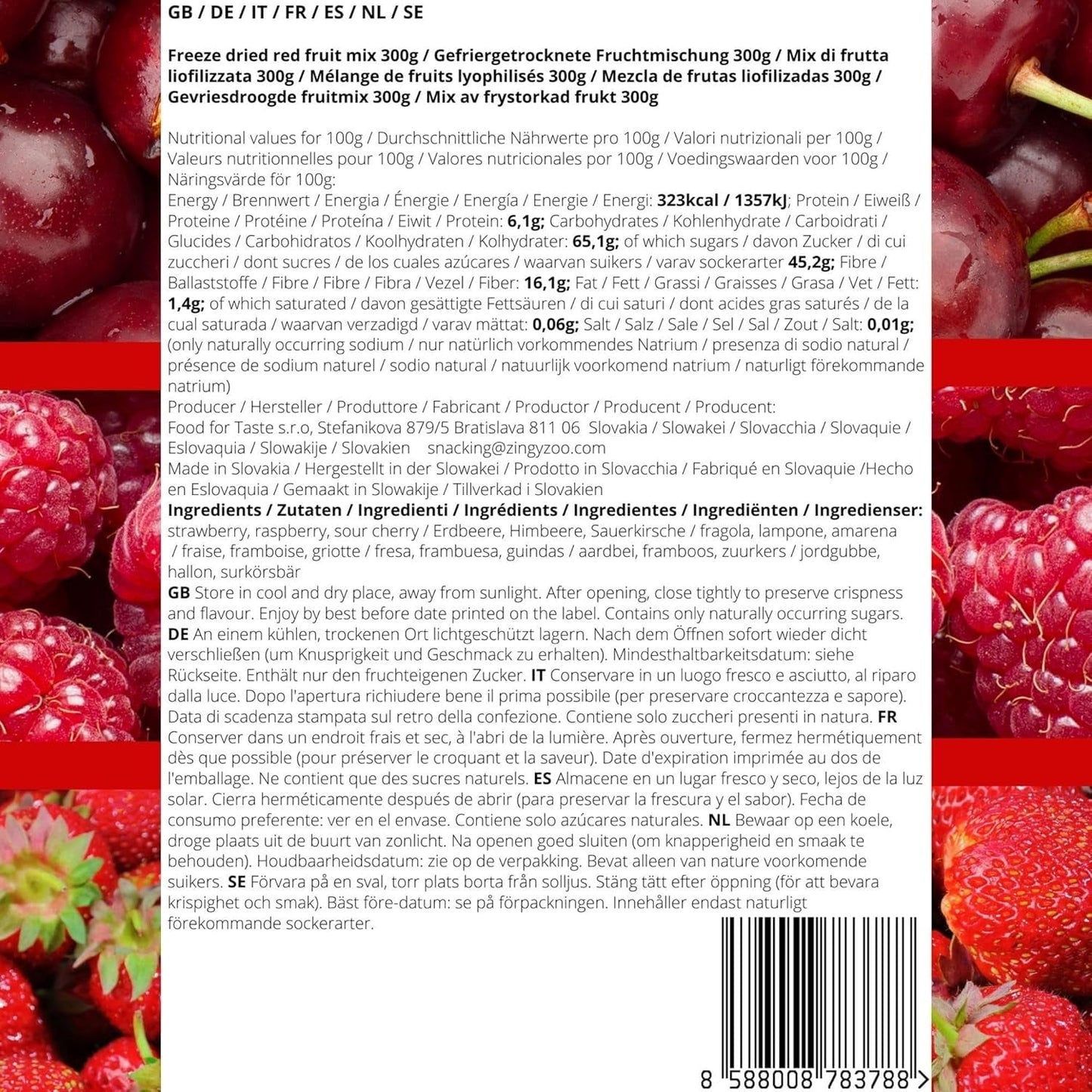 Frysetørret frugt Rød frugtblanding | XL 300g Frysetørrede Jordbær Hindbær Surkirsebær Tørret Frugt Mix | Frysetørret frugt Jordbær Hindbær surkirsebær | ZingyZoo Dehydrerede produkter Naty Shop