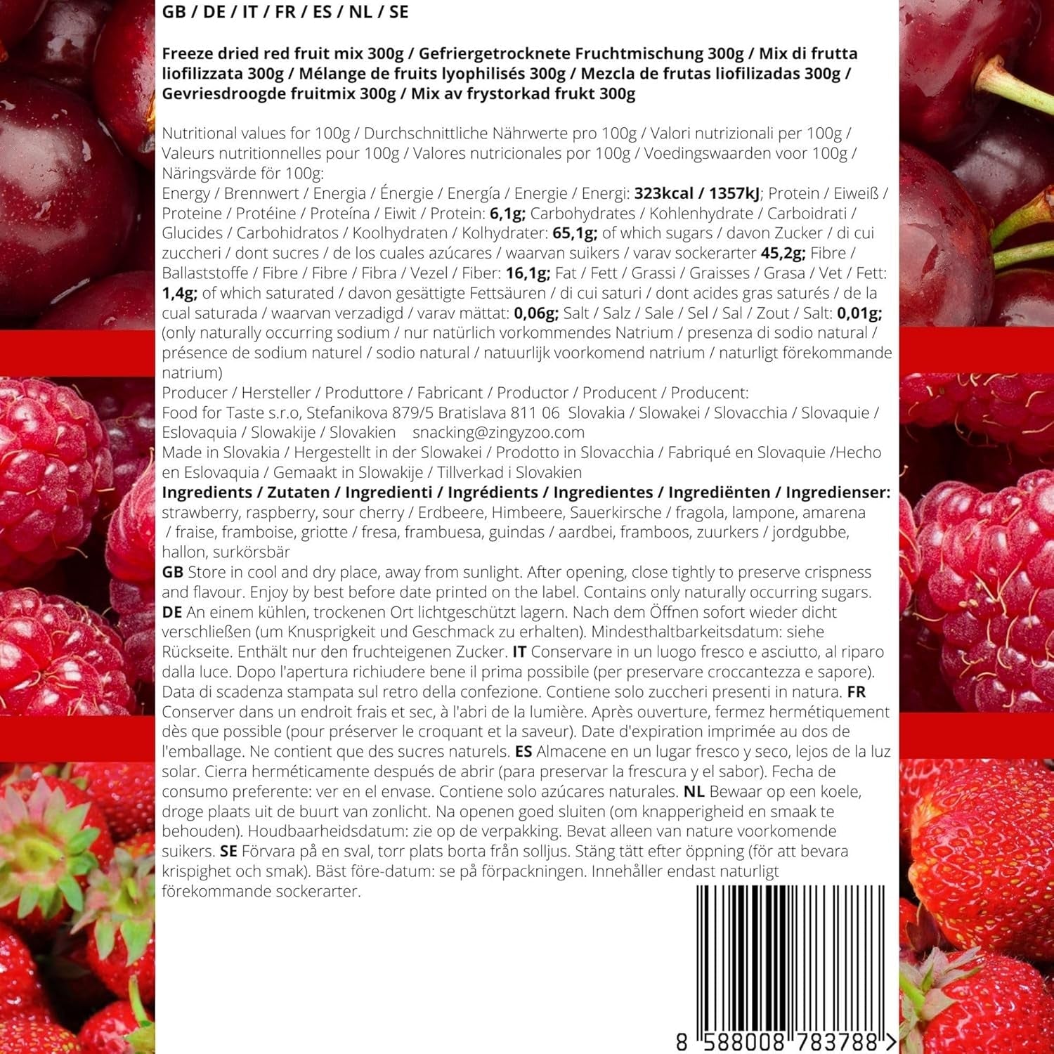 Frysetørret frugt Rød frugtblanding | XL 300g Frysetørrede Jordbær Hindbær Surkirsebær Tørret Frugt Mix | Frysetørret frugt Jordbær Hindbær surkirsebær | ZingyZoo Dehydrerede produkter Naty Shop