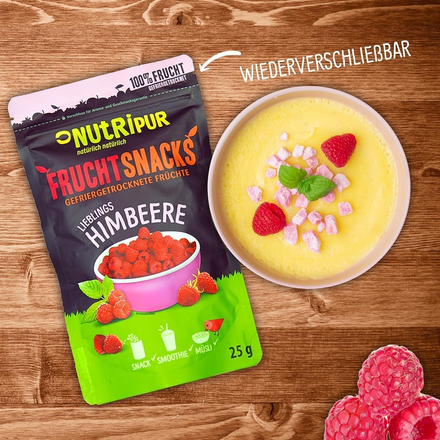 Frysetørrede frugter: 100g frysetørrede hindbær til smoothieskåle, müsli, grød toppings - frysetørrede bær uden tilsat sukker - frysetørrede bær - frugter fra NutriPur Dehydrerede produkter Naty Shop