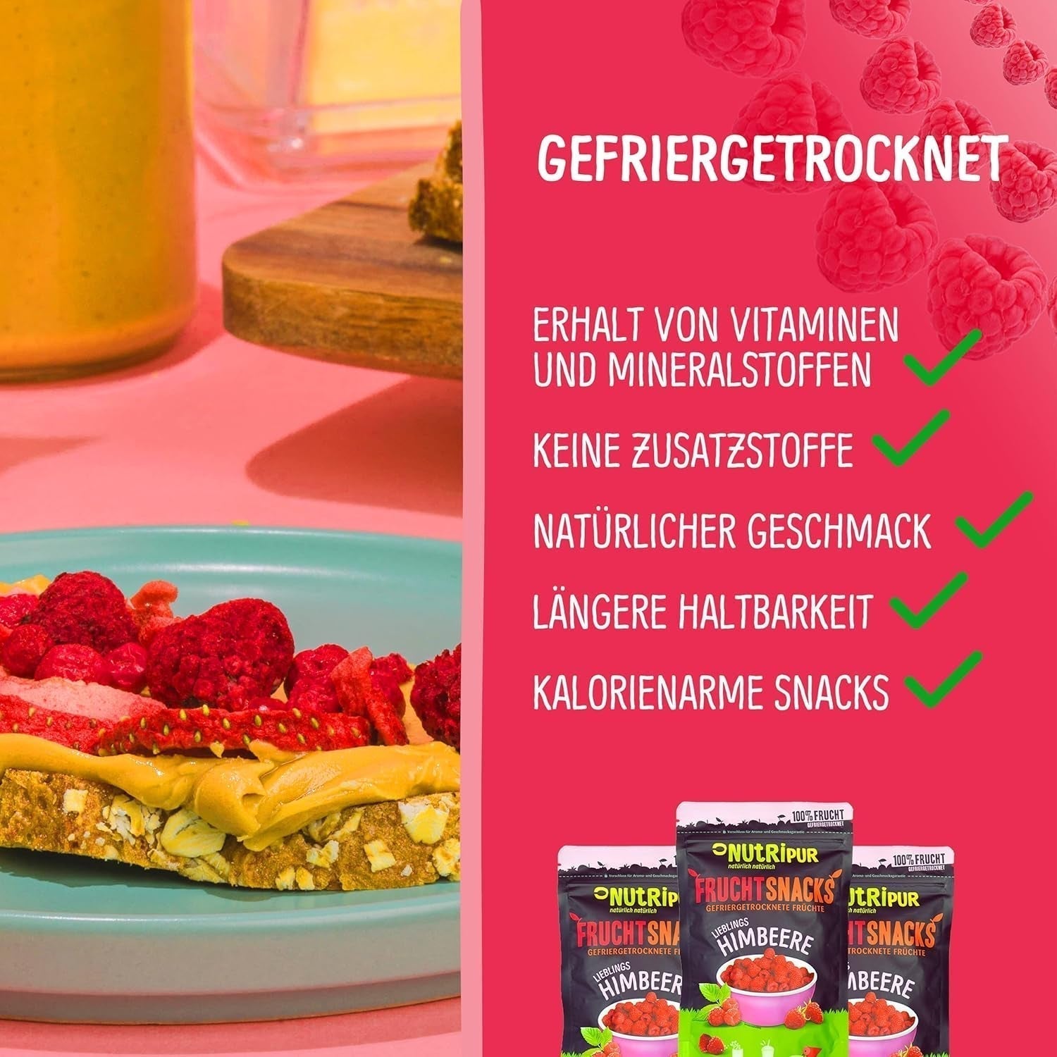 Frysetørrede frugter: 100g frysetørrede hindbær til smoothieskåle, müsli, grød toppings - frysetørrede bær uden tilsat sukker - frysetørrede bær - frugter fra NutriPur Dehydrerede produkter Naty Shop