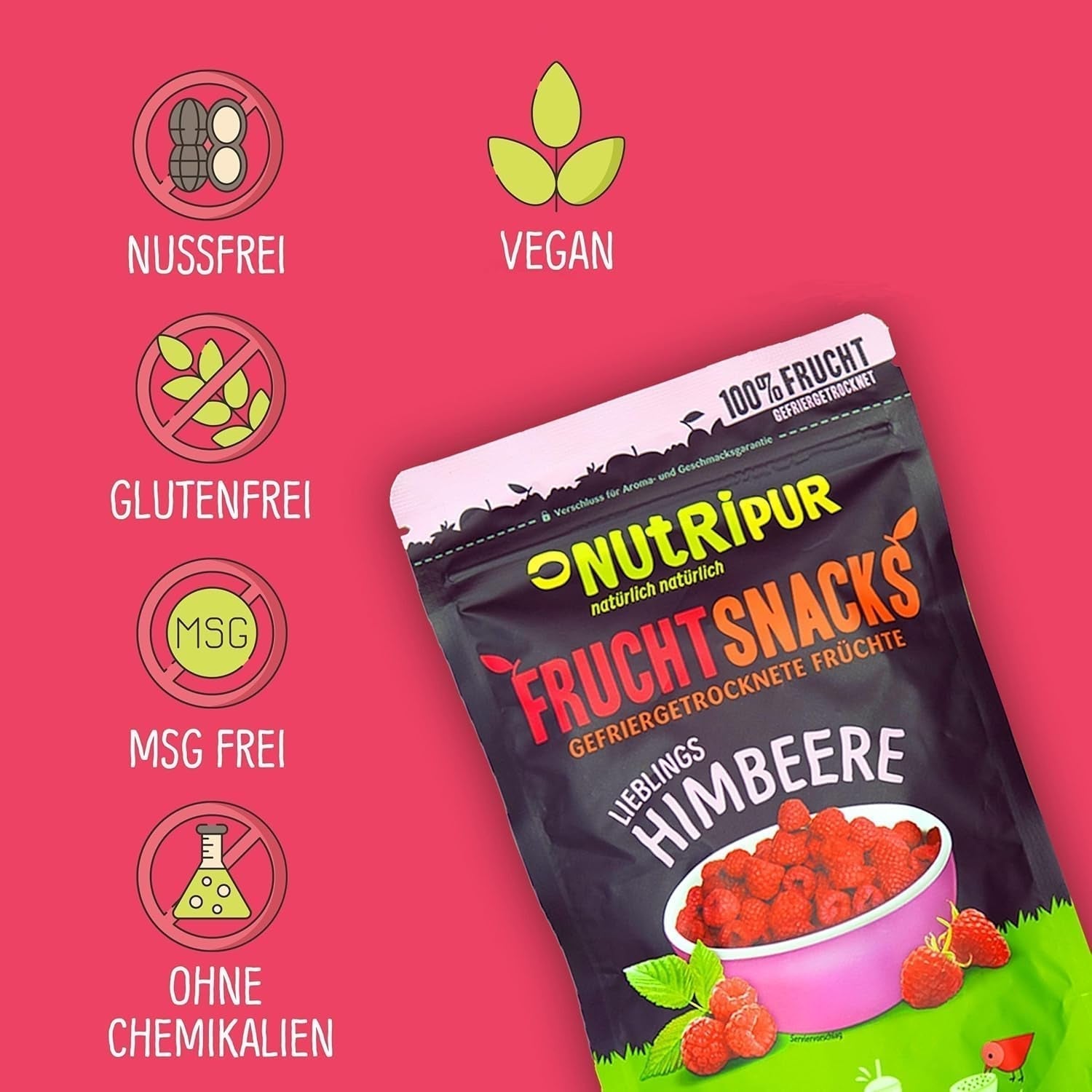Frysetørrede frugter: 100g frysetørrede hindbær til smoothieskåle, müsli, grød toppings - frysetørrede bær uden tilsat sukker - frysetørrede bær - frugter fra NutriPur Dehydrerede produkter Naty Shop
