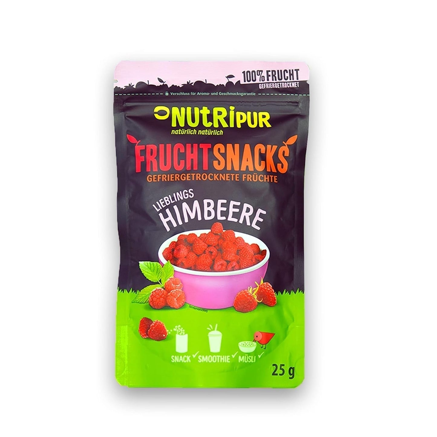 Frysetørrede frugter: 100g frysetørrede hindbær til smoothieskåle, müsli, grødtoppings - frysetørrede bær uden tilsat sukker - frysetørrede bær - frugter fra NutriPur Dehydrerede produkter Naty Shop Standard titel