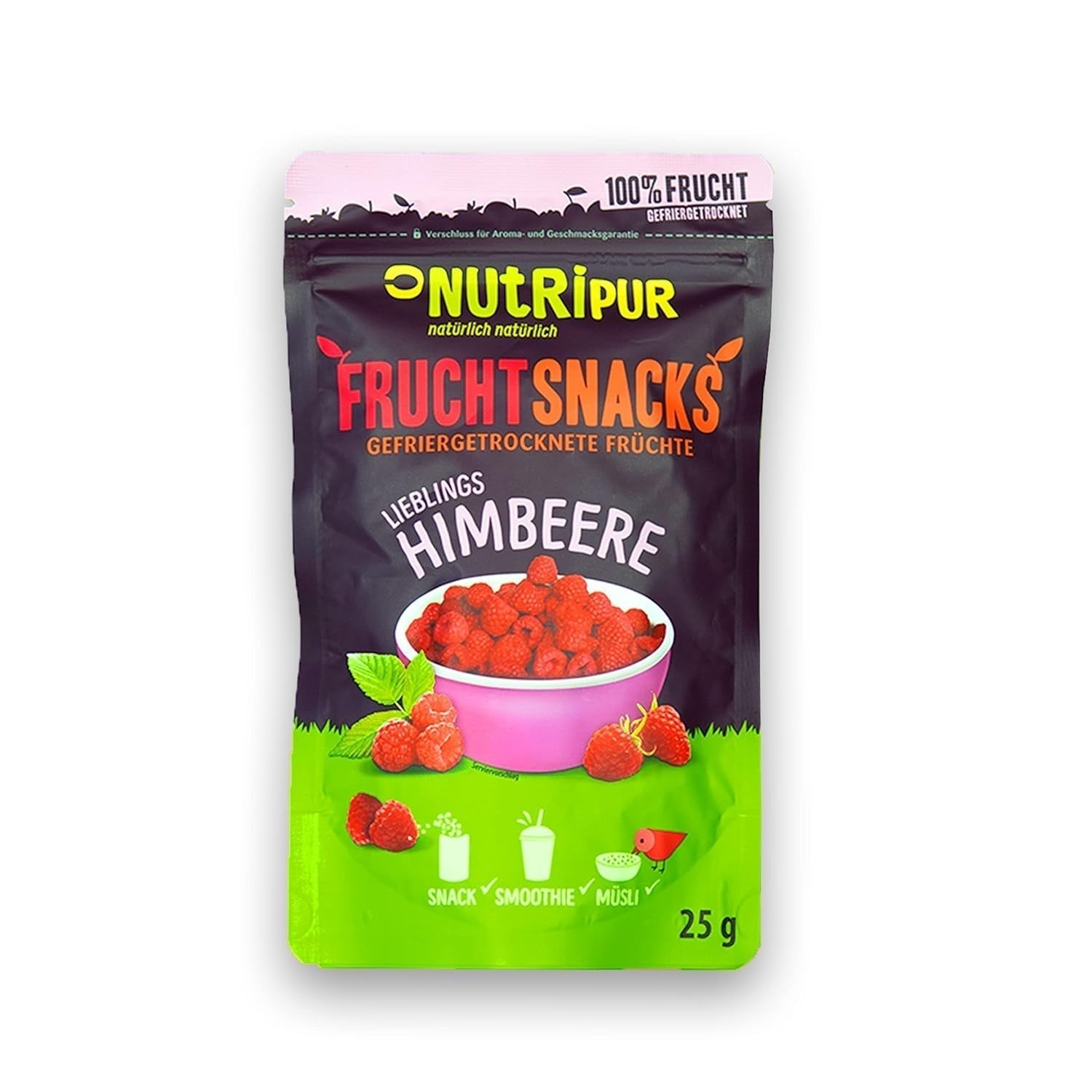 Frysetørrede frugter: 100g frysetørrede hindbær til smoothieskåle, müsli, grødtoppings - frysetørrede bær uden tilsat sukker - frysetørrede bær - frugter fra NutriPur Dehydrerede produkter Naty Shop Standard titel
