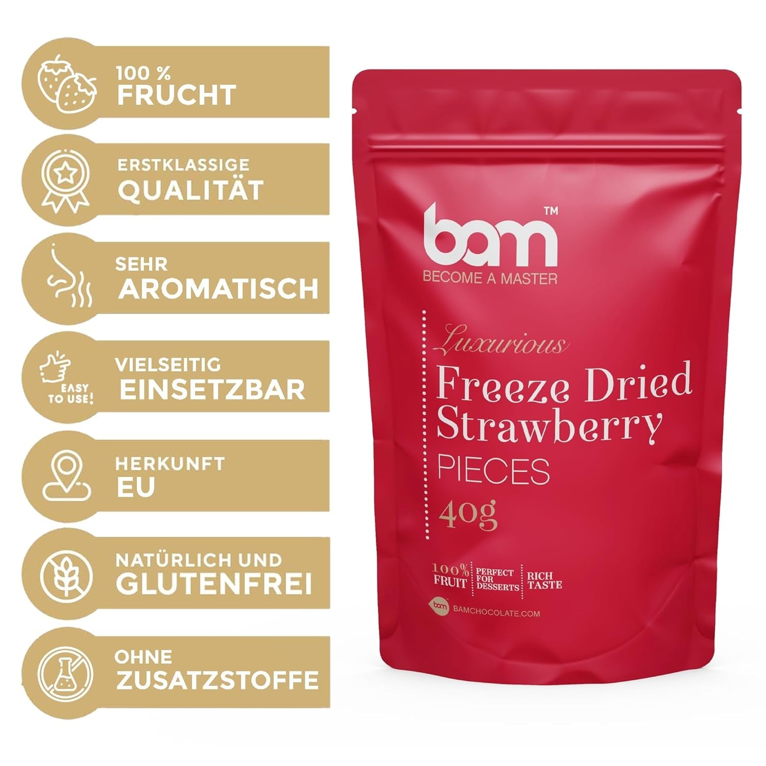 Frysetørret frugt BAM, 40 gram, naturlig frugt, perfekte desserter, rig smag (jordbær) Tørrede produkter Naty Shop