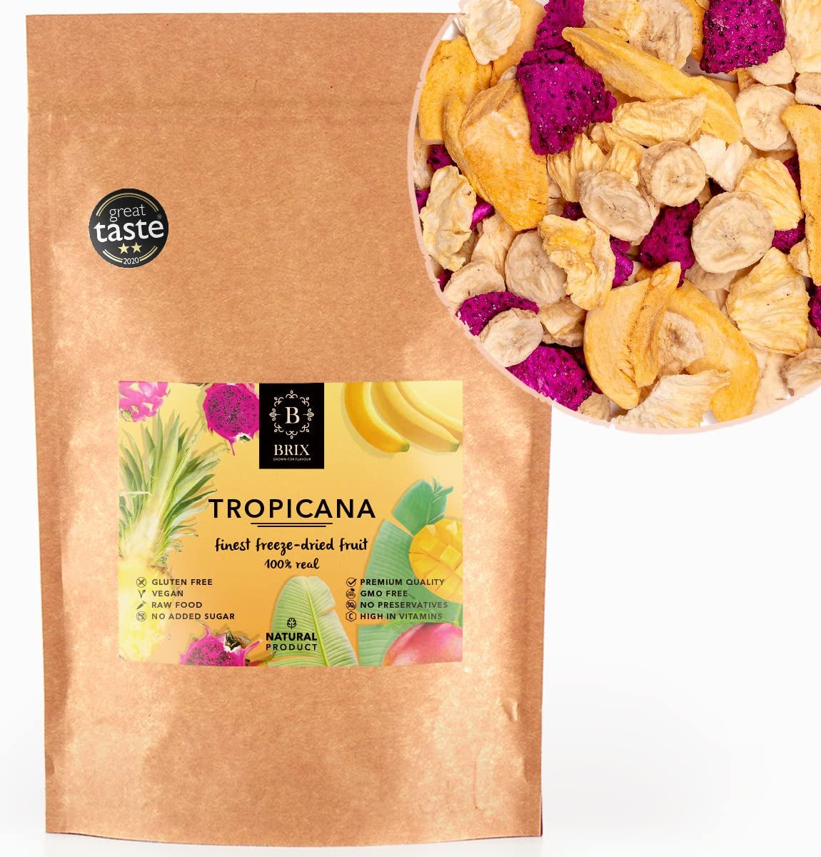 Frysetørret frugt BRIX | Naturlig, tør blanding af tropiske frugter 80 g | Great Taste Award for tørret frugt | Ikke-GMO, glutenfri, vegansk, vitaminer bevares Naty Shop Dehydrerede produkter Standardtitel