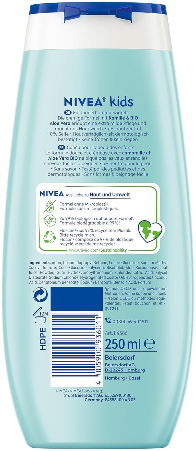 Showergel, shampoo og balsam NIVEA KIDS 3in1, pleje og rensning til børn med magisk æbleduft, ekstra mild, sæbefri pleje til børns hår og hud (250 ml) Børn - Bad og hudpleje Naty Shop