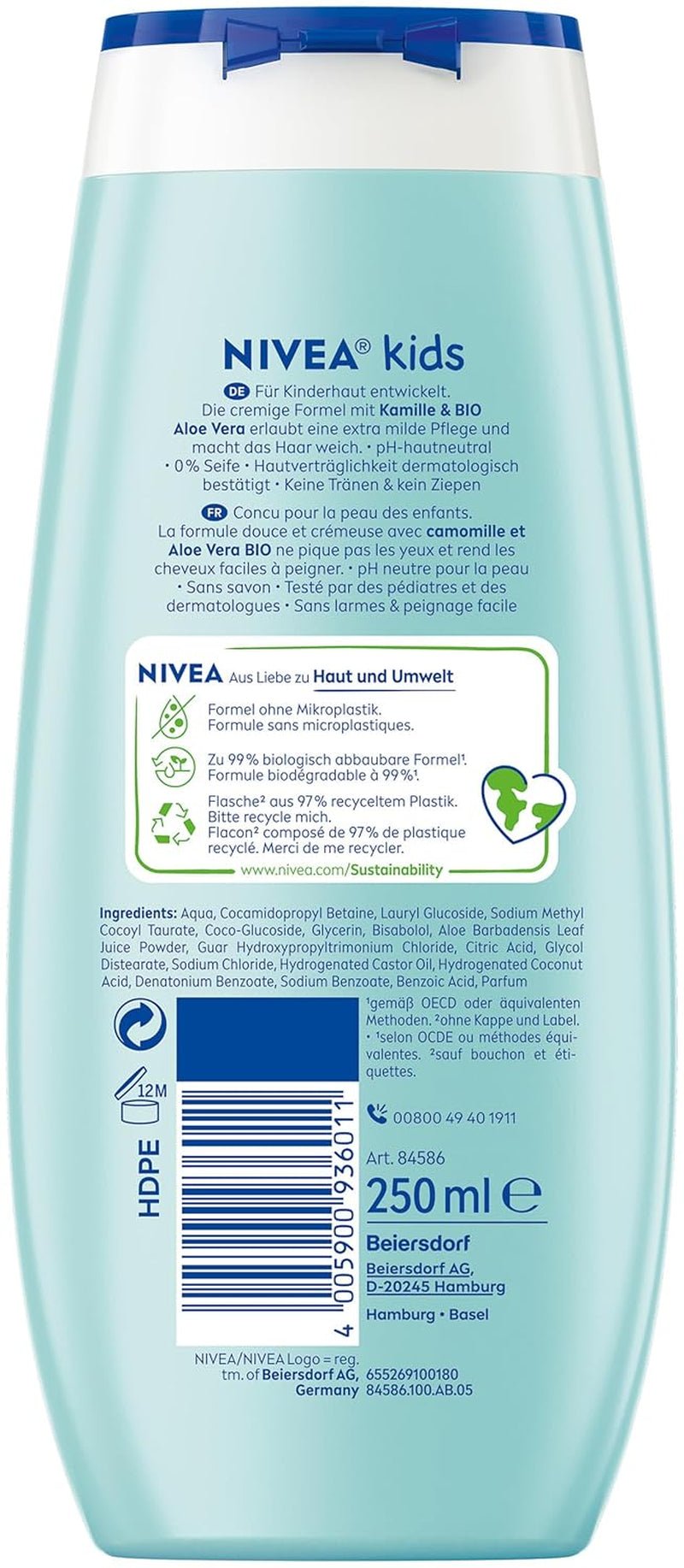 Showergel, shampoo og balsam NIVEA KIDS 3in1, pleje og rensning til børn med magisk æbleduft, ekstra mild, sæbefri pleje til børns hår og hud (250 ml) Børn - Bad og hudpleje Naty Shop