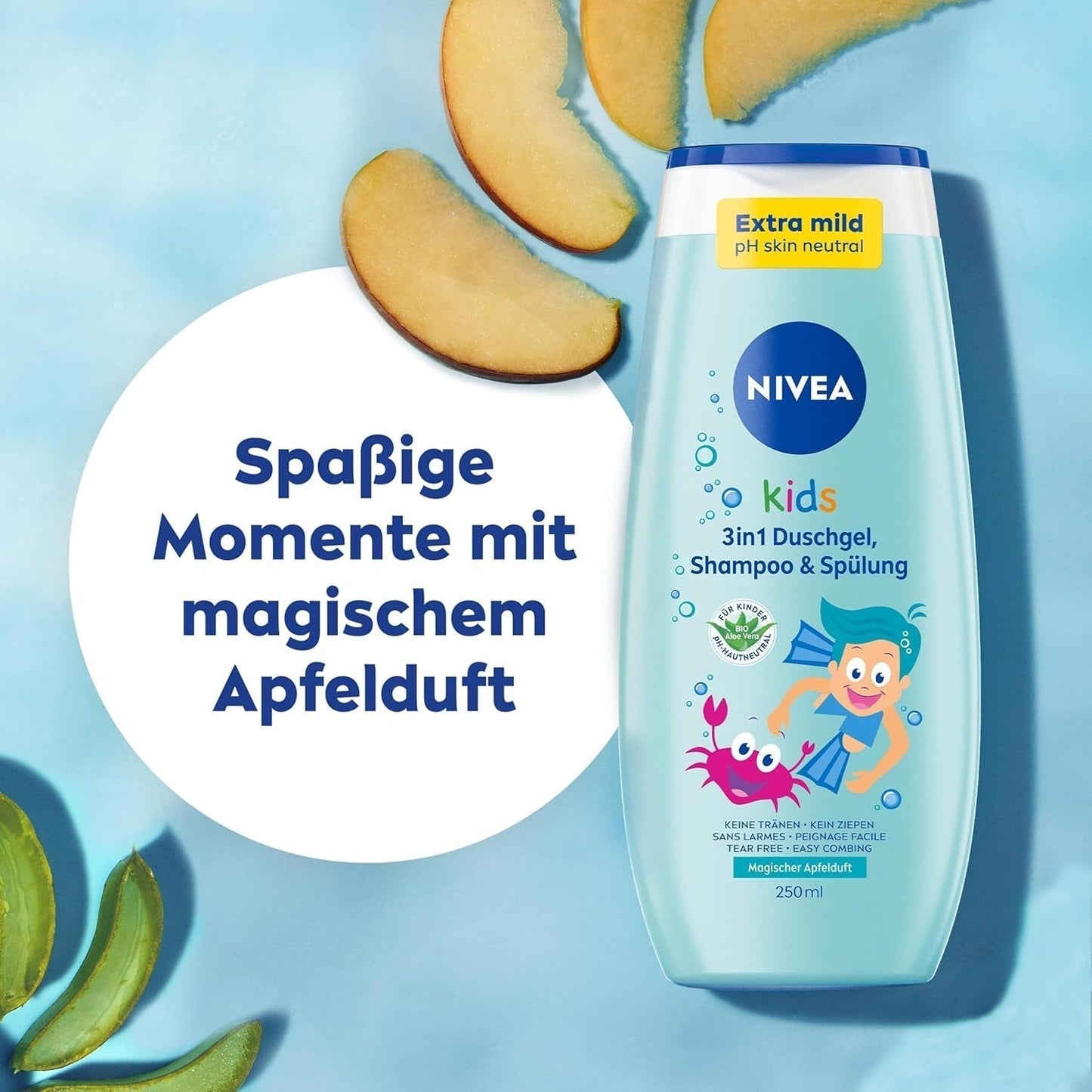 Showergel, shampoo og balsam NIVEA KIDS 3in1, pleje og rensning til børn med magisk æbleduft, ekstra mild, sæbefri pleje til børns hår og hud (250 ml) Børn - Bad og hudpleje Naty Shop