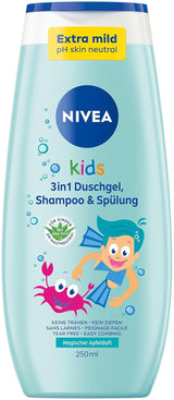 Shower gel, shampoo og balsam NIVEA KIDS 3in1, pleje og rensning til børn med en magisk æbleduft, ekstra skånsom, sæbefri pleje til børns hår og hud (250 ml) Børn - Bad og Hudpleje Naty Shop Æbleduft - 0 mikroplastik