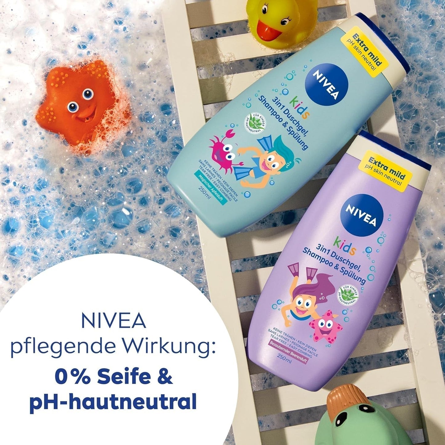 Showergel, shampoo og balsam NIVEA KIDS 3in1, pleje og rensning til børn med magisk æbleduft, ekstra mild, sæbefri pleje til børns hår og hud (250 ml) Børn - Bad og hudpleje Naty Shop
