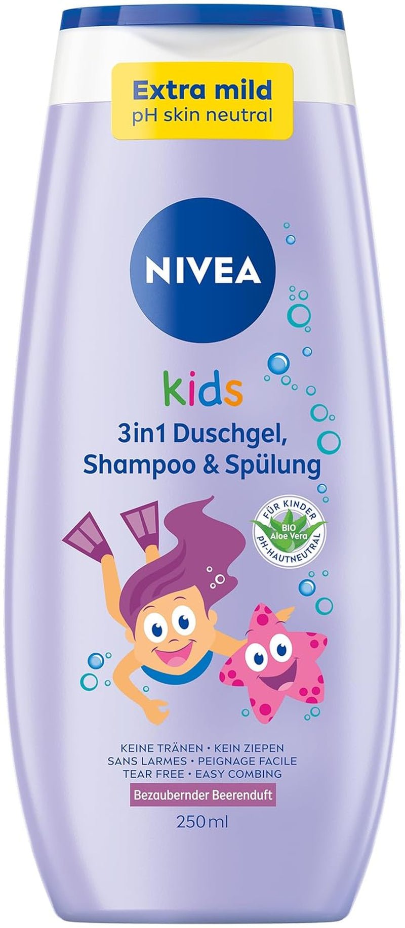 Shower gel, shampoo og balsam NIVEA KIDS 3in1, pleje og rensning til børn med en magisk æbleduft, ekstra mild, sæbefri pleje til børns hår og hud (250 ml) Børn - Bad og hudpleje Naty Shop 250ml