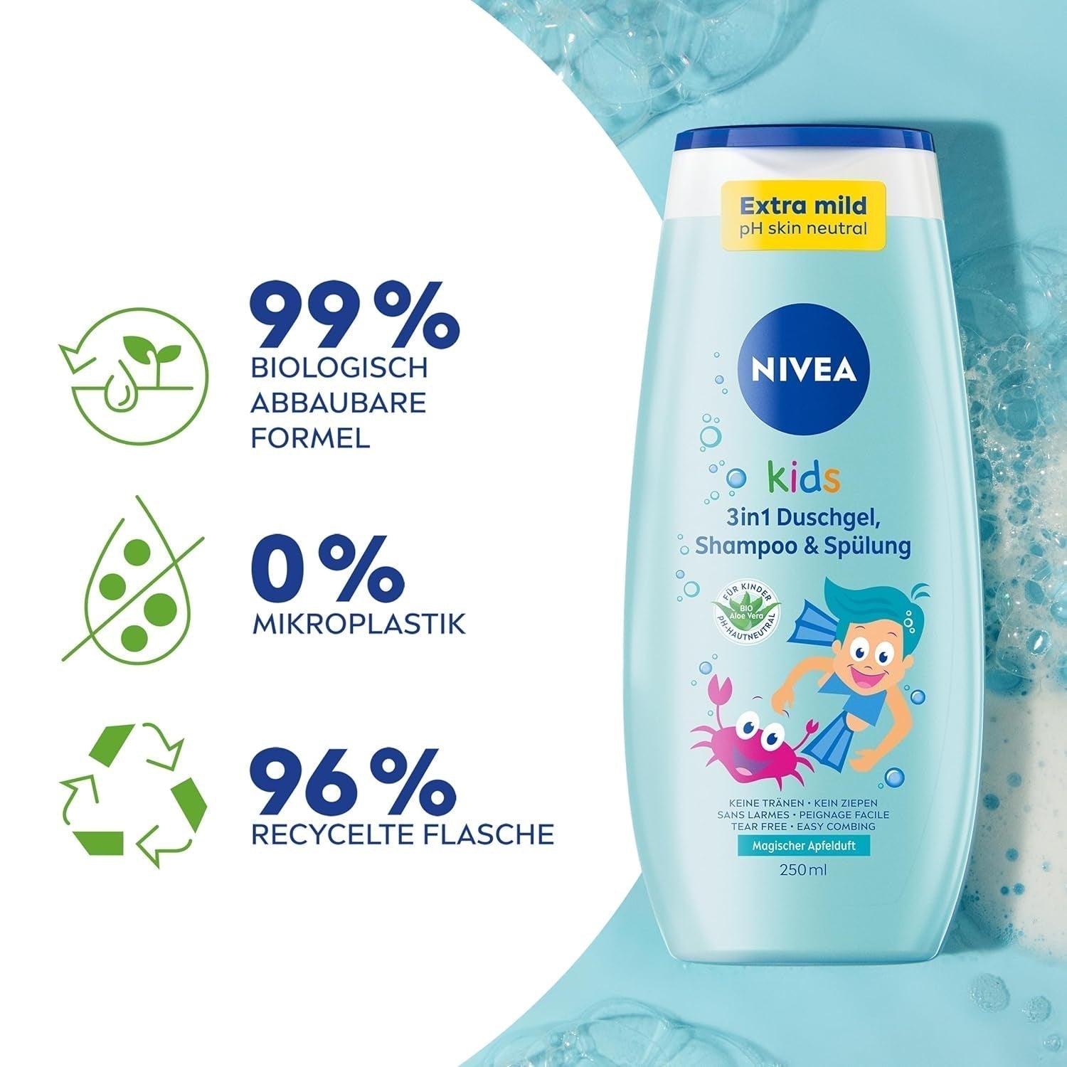 Showergel, shampoo og balsam NIVEA KIDS 3in1, pleje og rensning til børn med magisk æbleduft, ekstra mild, sæbefri pleje til børns hår og hud (250 ml) Børn - Bad og hudpleje Naty Shop
