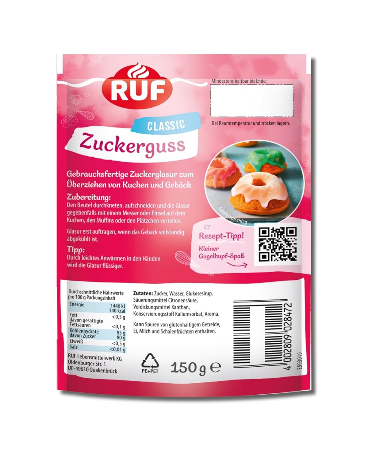 Brugsklar RUF glasur, kan bruges med det samme uden at blande, glasur til kiks og kager, som basissukkerglasur eller til farvning og smagsgiver, 1 x 150g (pakke med 4) Naty Shop Sukkerpasta
