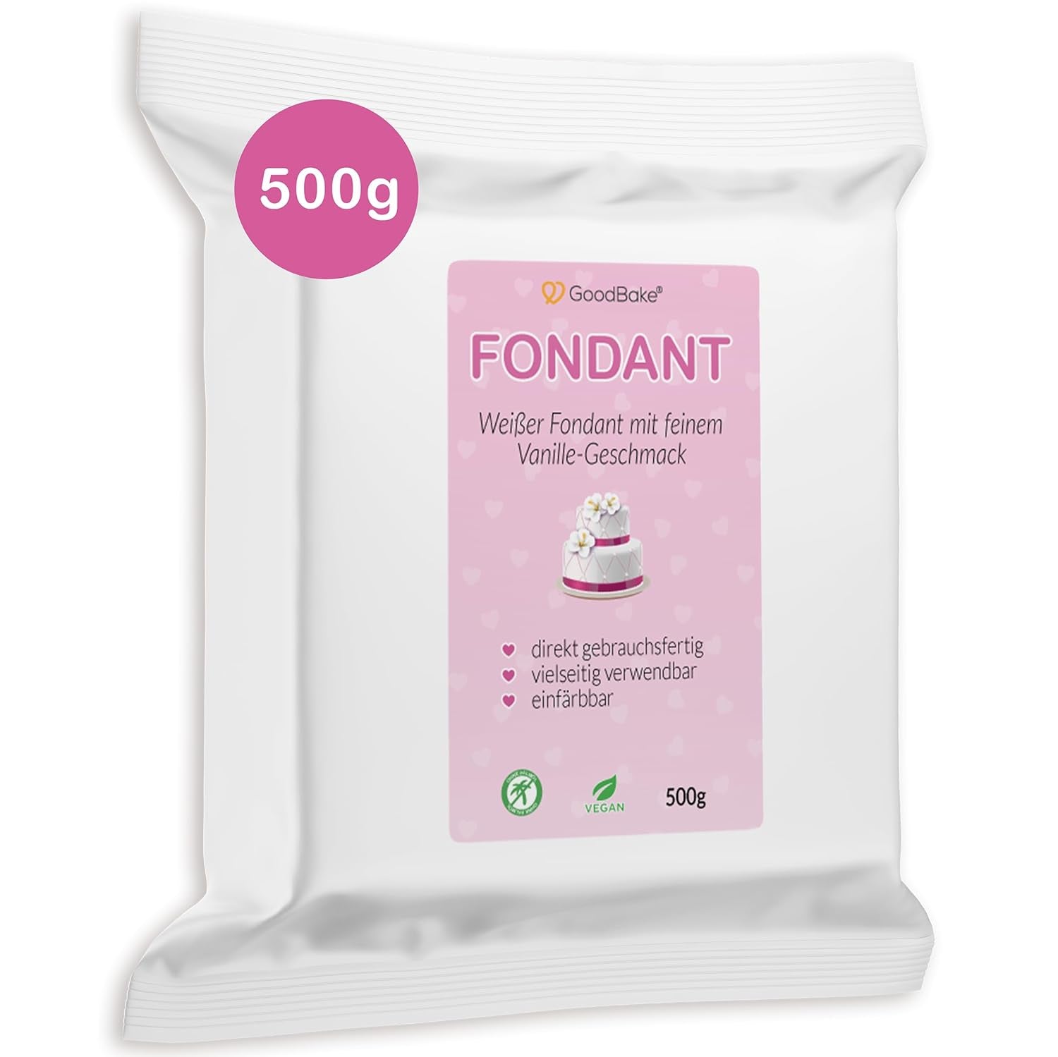 GoodBake sort fondant 500g, rullet fondant til overtræk, formning, dekoration af kager, figurer, sukkerblomster og mere, palmeoliefri, vegansk, glutenfri Naty Shop White sugarpasta