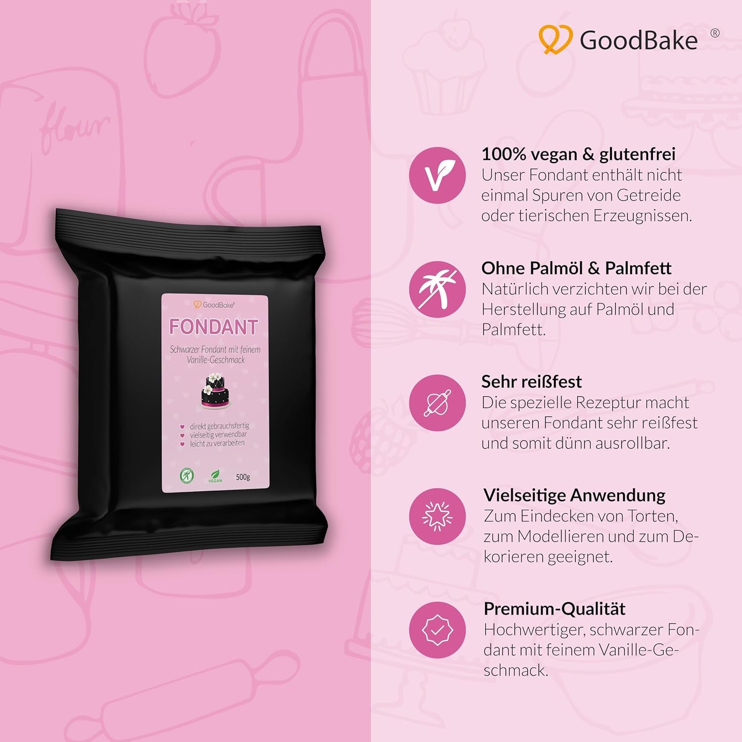 GoodBake sort fondant 500g, rullet fondant til overtræk, formning, dekoration af kager, figurer, sukkerblomster og mere, palmeoliefri, vegansk, glutenfri Sukkerpasta Naty Shop